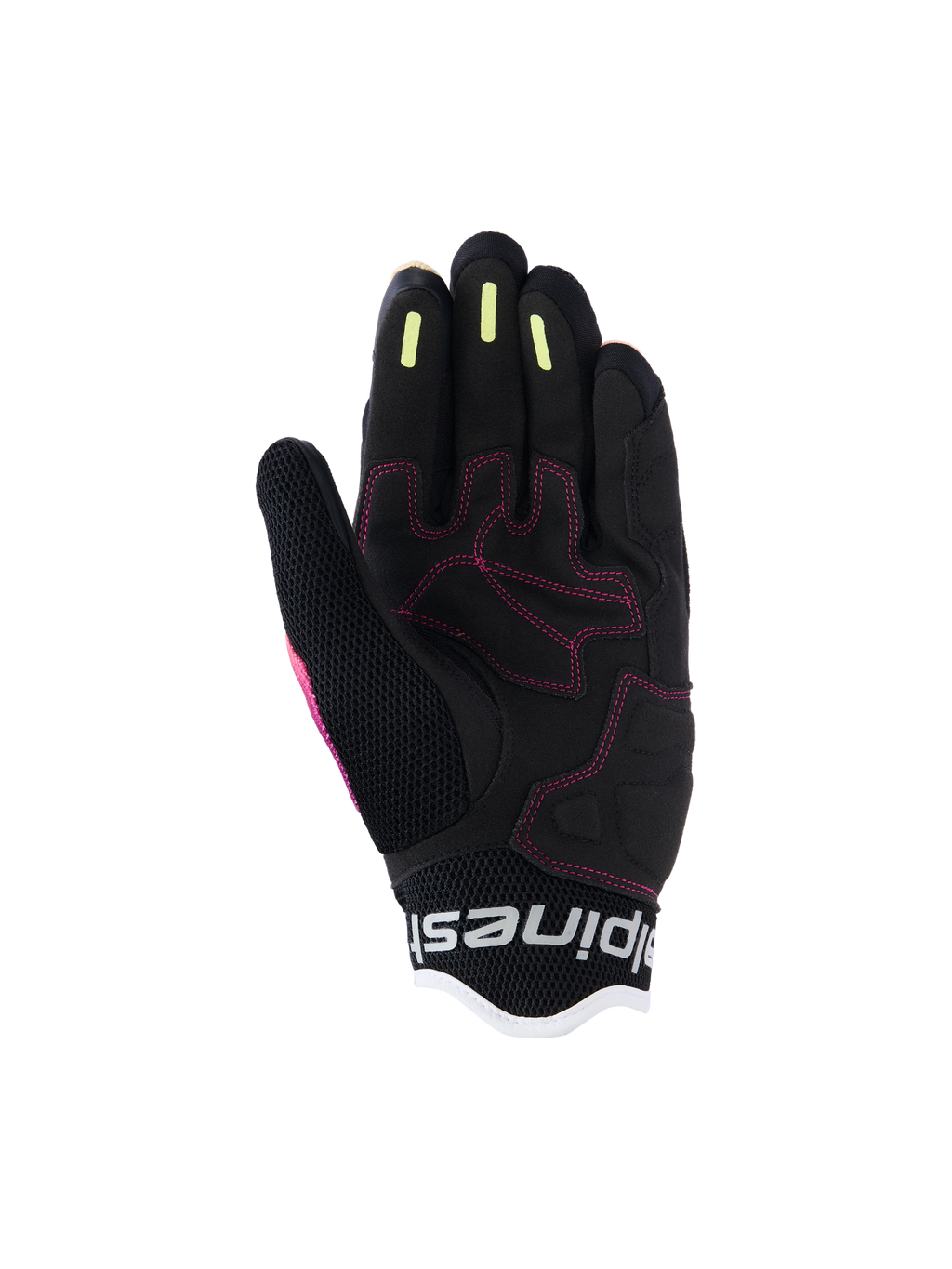 Alpinestars Guanti Stella Mogress Airflow da donna, guanti da moto urban, nero corallo sfumato, vista dettagliata del palmo con cuciture rosa, strisce in silicone giallo sulle dita e costruzione in mesh traspirante.