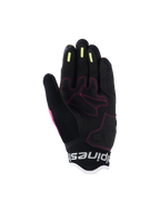 Alpinestars Guanti Stella Mogress Airflow da donna, guanti da moto urban, nero corallo sfumato, vista dettagliata del palmo con cuciture rosa, strisce in silicone giallo sulle dita e costruzione in mesh traspirante.