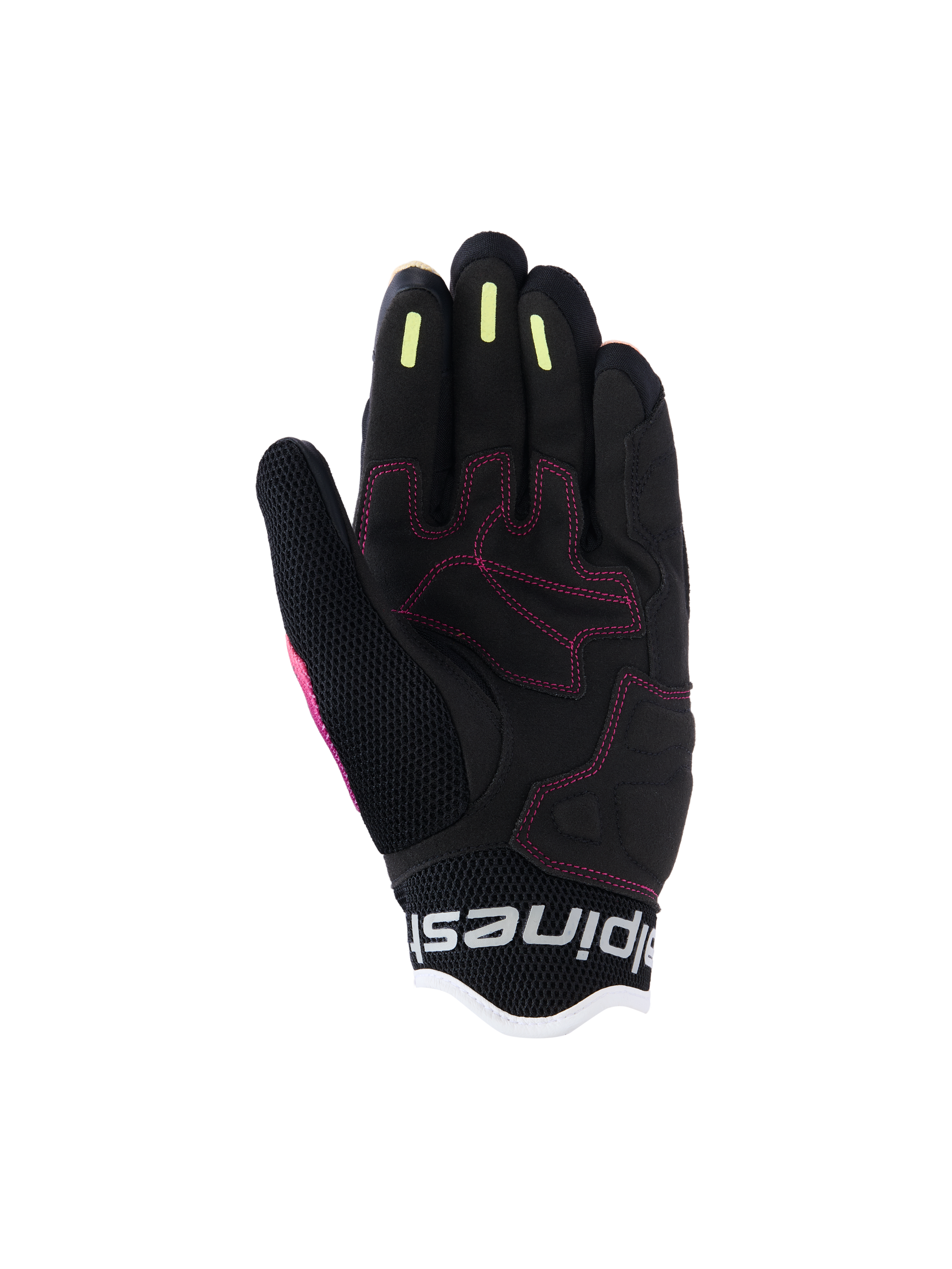 Alpinestars Guanti Stella Mogress Airflow da donna, guanti da moto urban, nero corallo sfumato, vista dettagliata del palmo con cuciture rosa, strisce in silicone giallo sulle dita e costruzione in mesh traspirante.