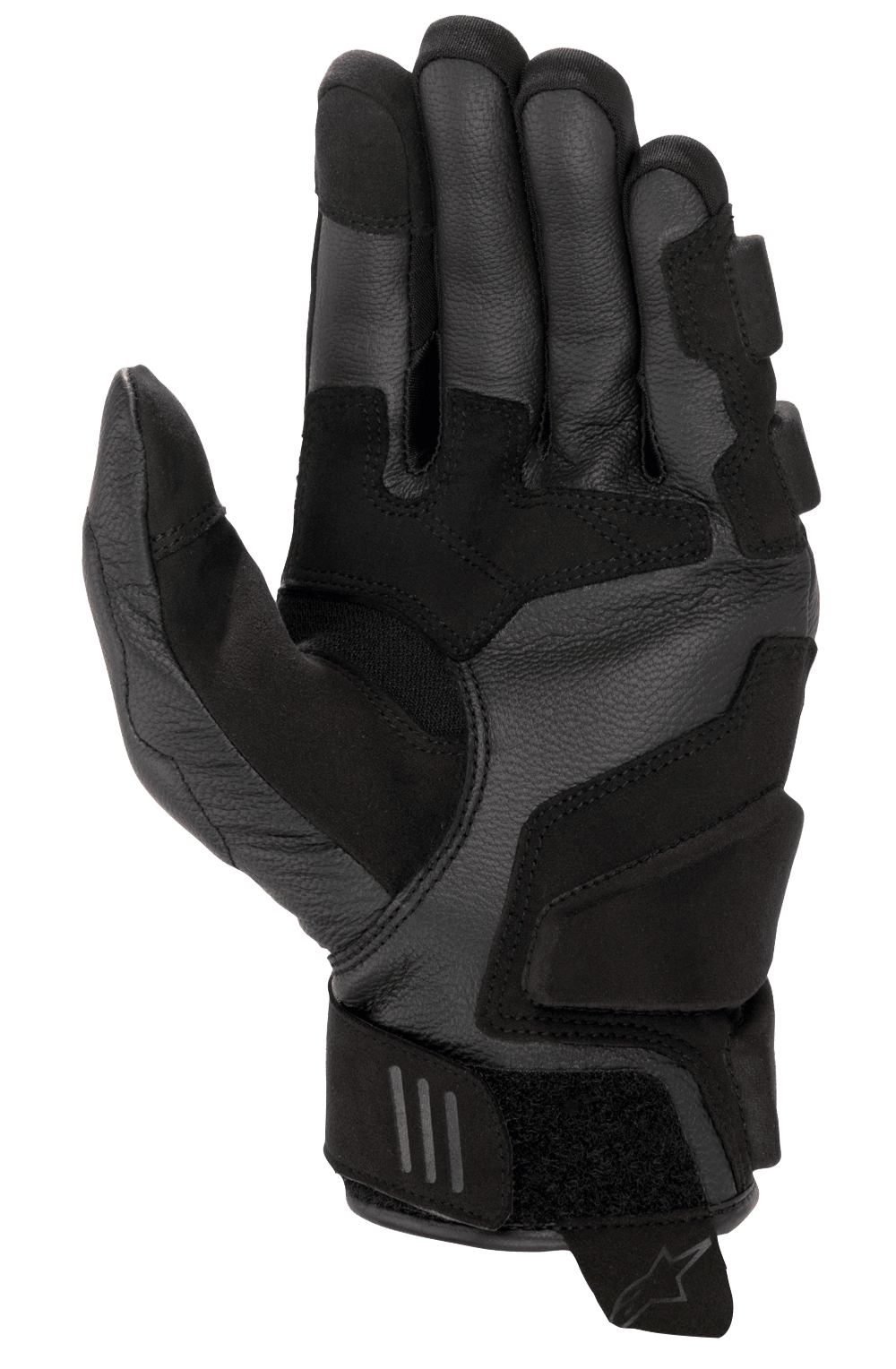 Guanti Alpinestars Stella Phenom Leather Air da donna, nero, vista del palmo con costruzione in pelle di capra rinforzata, zone di atterraggio imbottite, inserti elastici ergonomici e cinturino in velcro sul polso con linguetta
