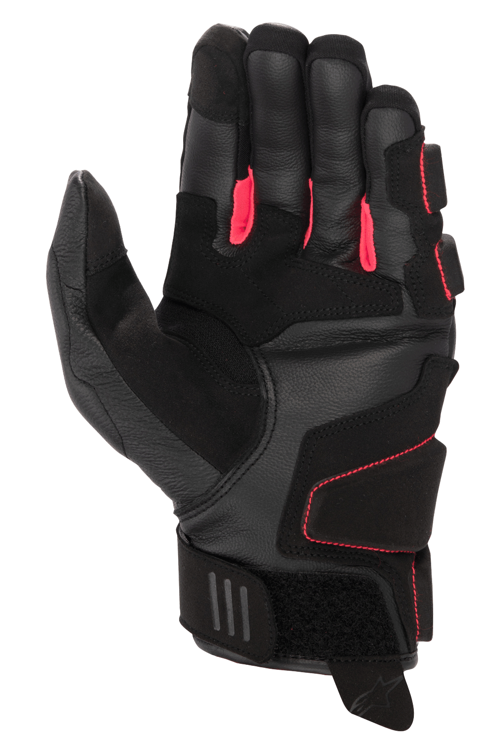 Alpinestars Stella Phenom Leather Air da donna, guanti da moto, nero e rosa Diva, vista del palmo con costruzione in pelle rinforzata, soffietti tra le dita in rosa acceso e polsino corto con chiusura regolabile in velcro