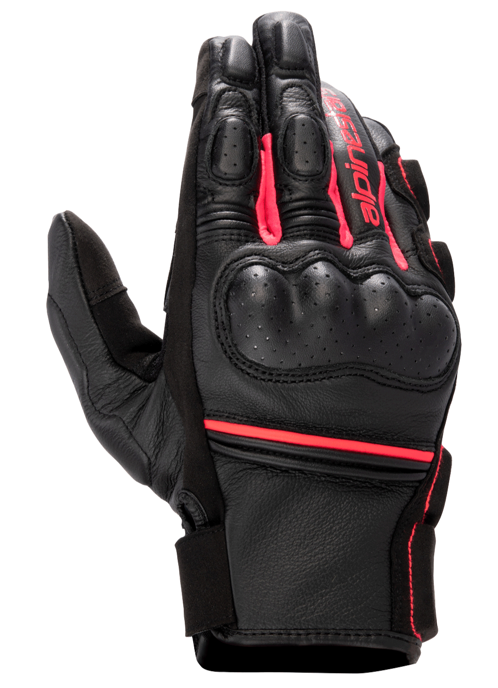 Alpinestars Stella Phenom Leather Air Glove, guanti da moto da donna, nero e rosa diva, protezione rigida sulle nocche, costruzione in pelle traforata, polsino corto con logo Alpinestars, abbigliamento tecnico per guida sportiva