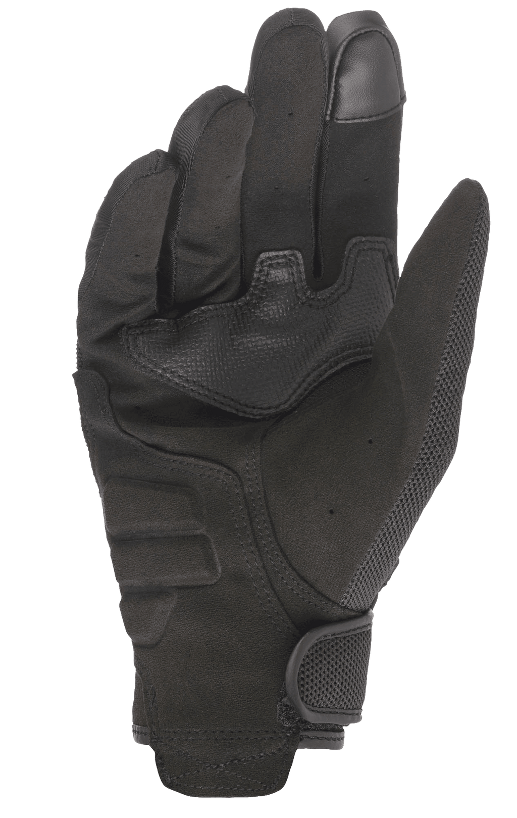 Guanti da moto Alpinestars Stella Copper da donna, vista del palmo, nero, caratterizzati da palmo interamente in camoscio sintetico con toppe di rinforzo, punta del dito compatibile con touchscreen e chiusura del polso a gancio e passante