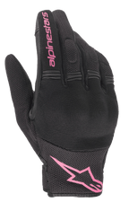 Guanti Alpinestars Stella Copper, guanti da moto da donna, nero e fucsia, logo Alpinestars rosa sul polso e scritta sul dito, design in mesh e tessuto con zona nocche imbottita, equipaggiamento per guida urbana