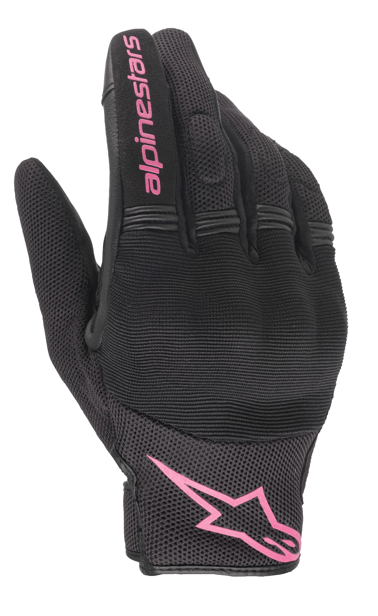 Guanti Alpinestars Stella Copper, guanti da moto da donna, nero e fucsia, logo Alpinestars rosa sul polso e scritta sul dito, design in mesh e tessuto con zona nocche imbottita, equipaggiamento per guida urbana