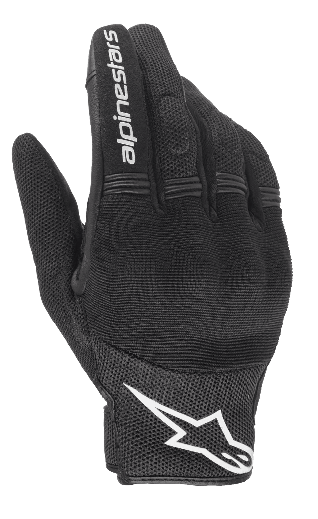 Guanti Alpinestars Stella Copper da donna, nero e bianco, vista del dorso con struttura in mesh e protezione rigida per le nocche sotto lo spandex, scritta Alpinestars bianca sull'indice e logo sul polso, equipaggiamento da moto urbano a polsino corto