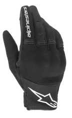 Guanti Alpinestars Stella Copper da donna, nero e bianco, vista del dorso con struttura in mesh e protezione rigida per le nocche sotto lo spandex, scritta Alpinestars bianca sull'indice e logo sul polso, equipaggiamento da moto urbano a polsino corto
