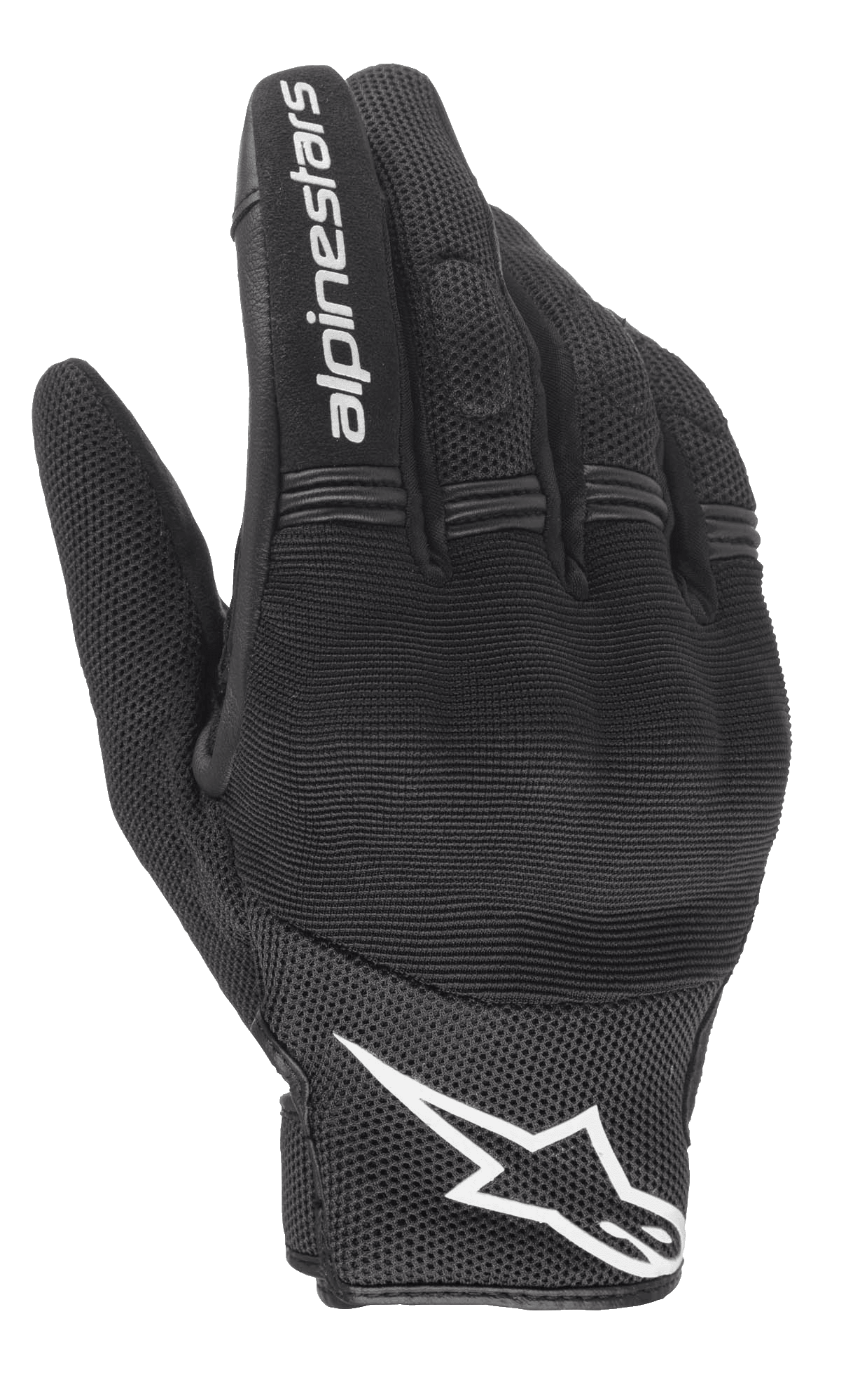 Guanti Alpinestars Stella Copper da donna, nero e bianco, vista del dorso con struttura in mesh e protezione rigida per le nocche sotto lo spandex, scritta Alpinestars bianca sull'indice e logo sul polso, equipaggiamento da moto urbano a polsino corto