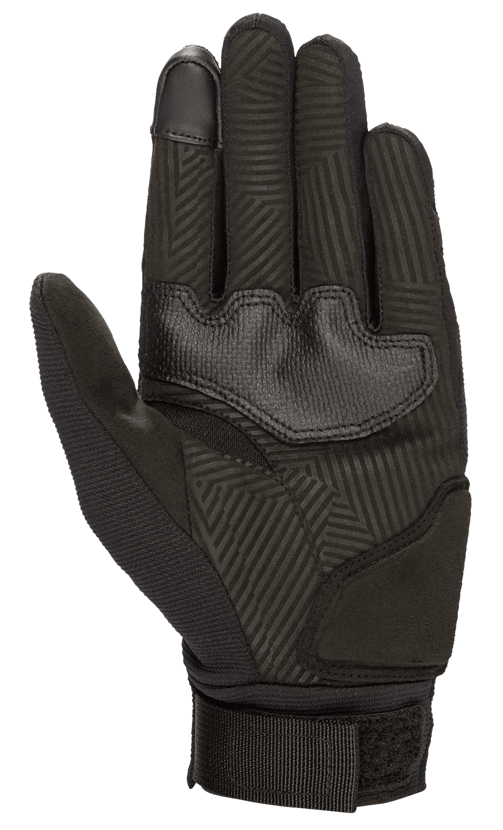 Alpinestars Guanti Stella Reef Donna, guanti da moto, nero, vista lato palmo con camoscio sintetico e motivo geometrico antiscivolo, imbottiture rinforzate e cinturino regolabile per il comfort della guida urbana