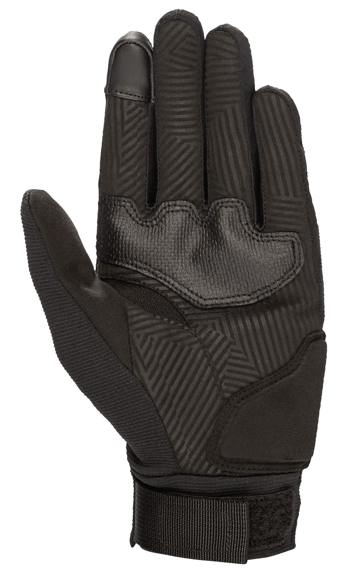 Alpinestars Guanti Stella Reef Donna, guanti da moto, nero, vista lato palmo con camoscio sintetico e motivo geometrico antiscivolo, imbottiture rinforzate e cinturino regolabile per il comfort della guida urbana