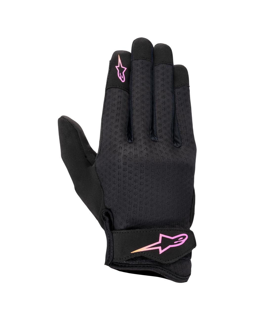 Guanti Alpinestars Stated da donna, guanti da moto urban, neri con logo sfumato rosa e giallo, dorso in airprene strutturato, chiusura in velcro sul polso, equipaggiamento estivo leggero e traspirante