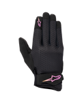 Guanti Alpinestars Stated da donna, guanti da moto urban, neri con logo sfumato rosa e giallo, dorso in airprene strutturato, chiusura in velcro sul polso, equipaggiamento estivo leggero e traspirante