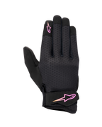 Guanti Alpinestars Stated da donna, guanti da moto urban, neri con logo sfumato rosa e giallo, dorso in airprene strutturato, chiusura in velcro sul polso, equipaggiamento estivo leggero e traspirante