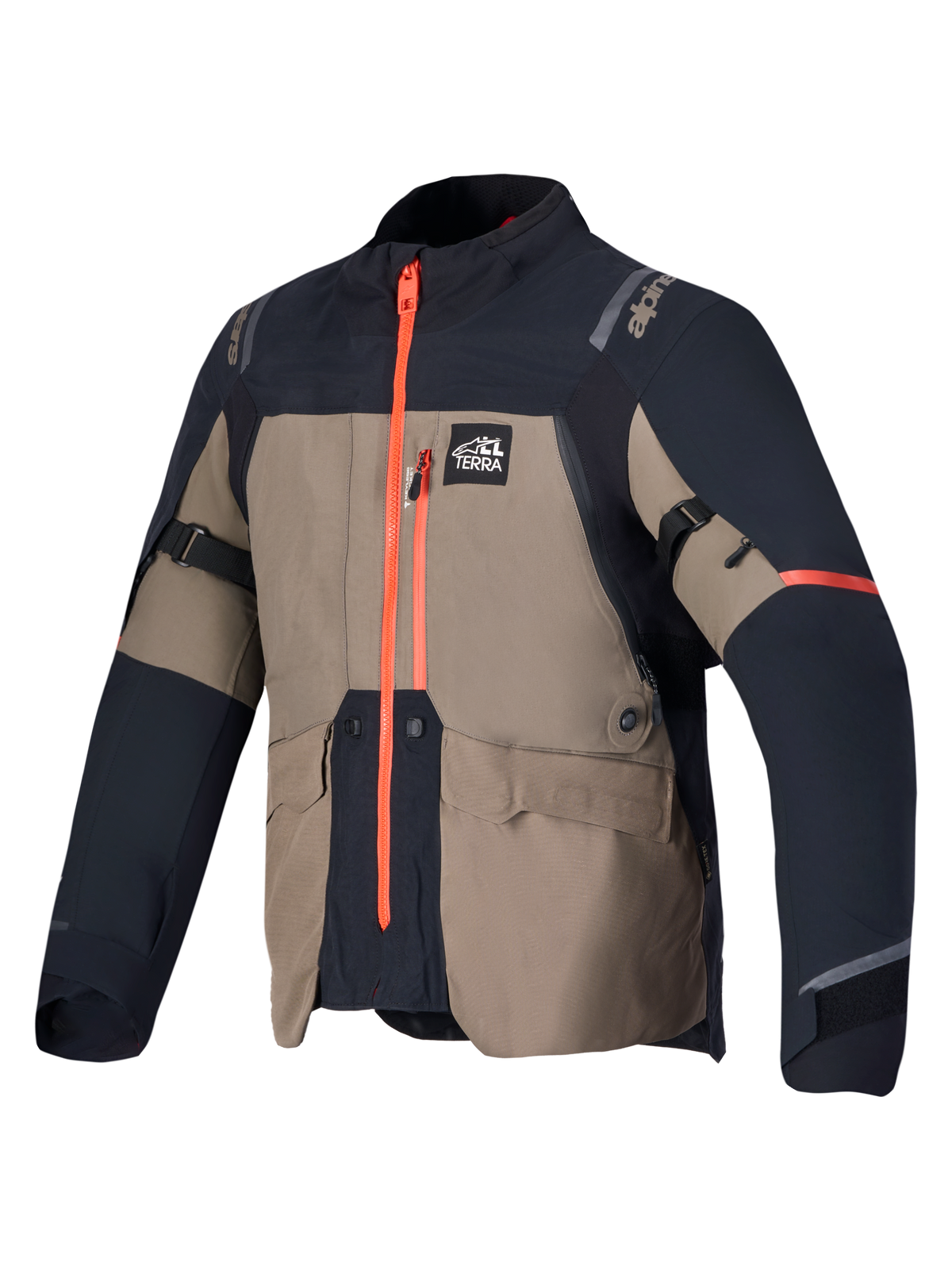 Alpinestars St-7 V2 2L Gore-Tex Jacket, giacca da moto adventure touring, marrone e nera con dettagli arancioni, struttura impermeabile in GORE-TEX, certificata CE