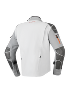 Giacca Alpinestars Nazca 3L GORE-TEX PRO, giacca da moto adventure, grigio scuro e grigio medio, vista posteriore con rinforzi in Superfabric® su maniche e spalle, dettagli delle cerniere arancioni e costruzione tecnica laminata a 3 strati.