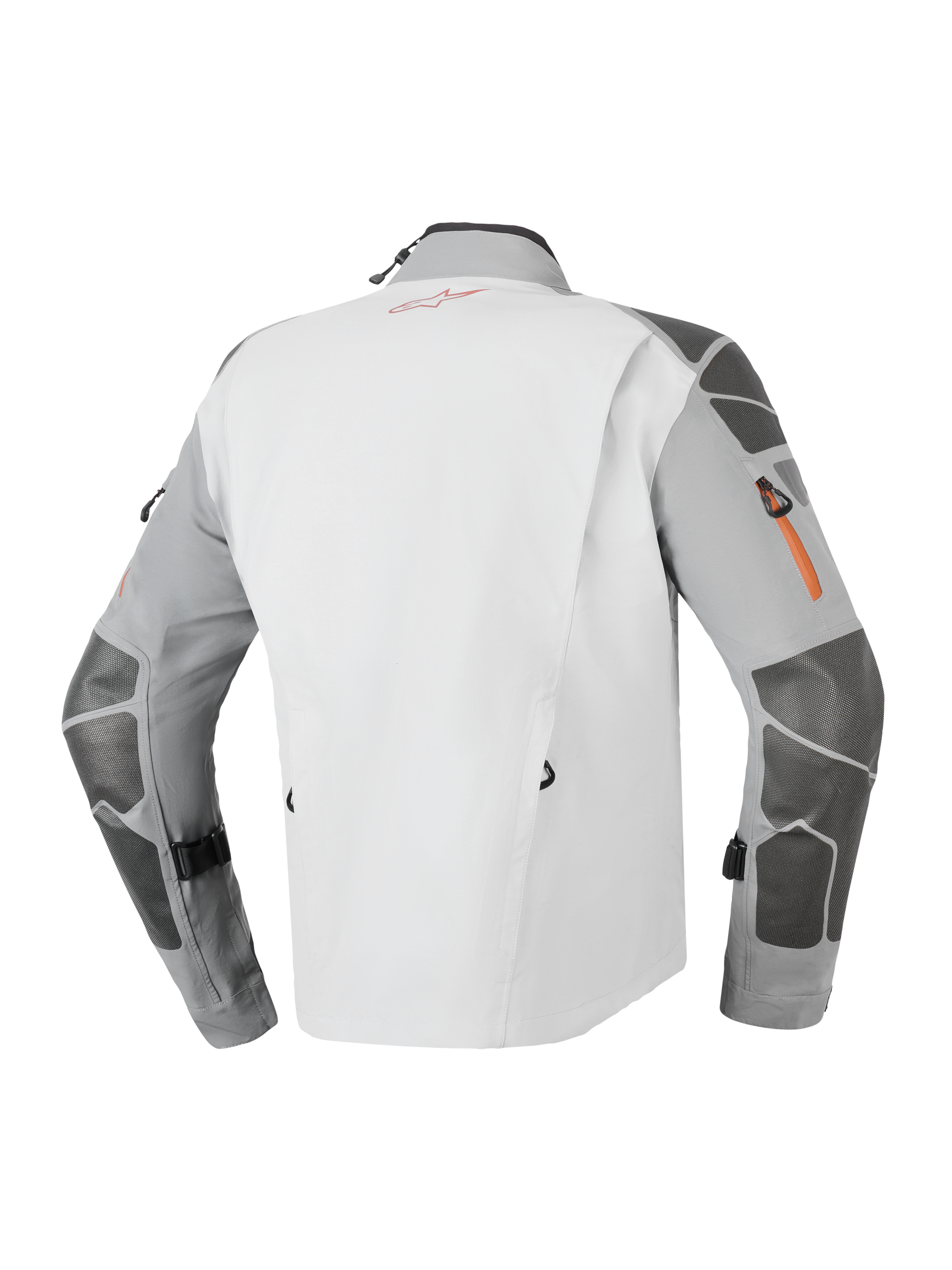 Giacca Alpinestars Nazca 3L GORE-TEX PRO, giacca da moto adventure, grigio scuro e grigio medio, vista posteriore con rinforzi in Superfabric® su maniche e spalle, dettagli delle cerniere arancioni e costruzione tecnica laminata a 3 strati.