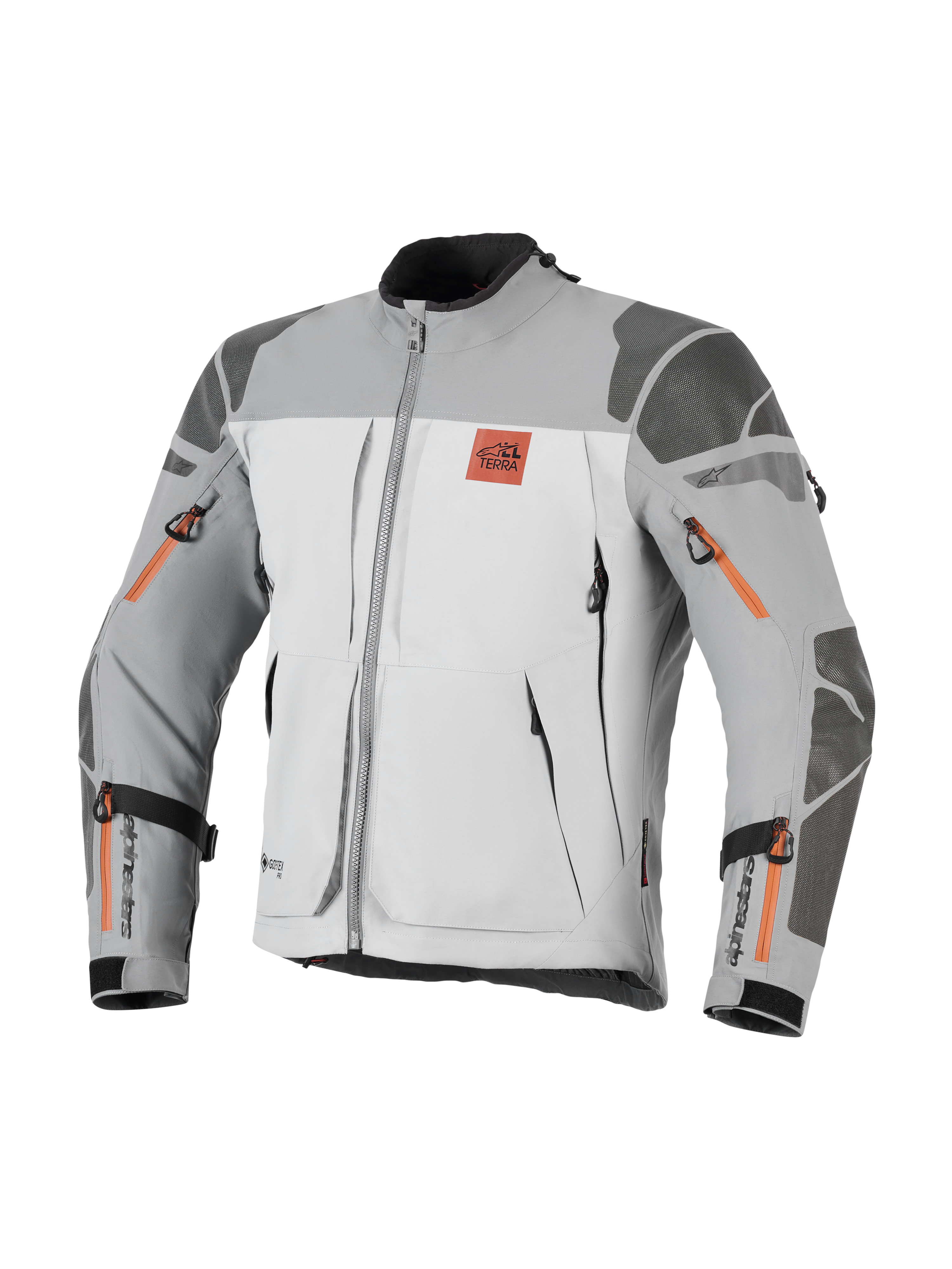 Giacca Alpinestars Nazca 3L GORE-TEX PRO, giacca da moto adventure, grigio scuro e grigio medio con dettagli delle cerniere arancioni, logo All Terra sul petto, rinforzi in Superfabric su spalle e gomiti, molteplici aperture di ventilazione con cerniera, design touring robusto