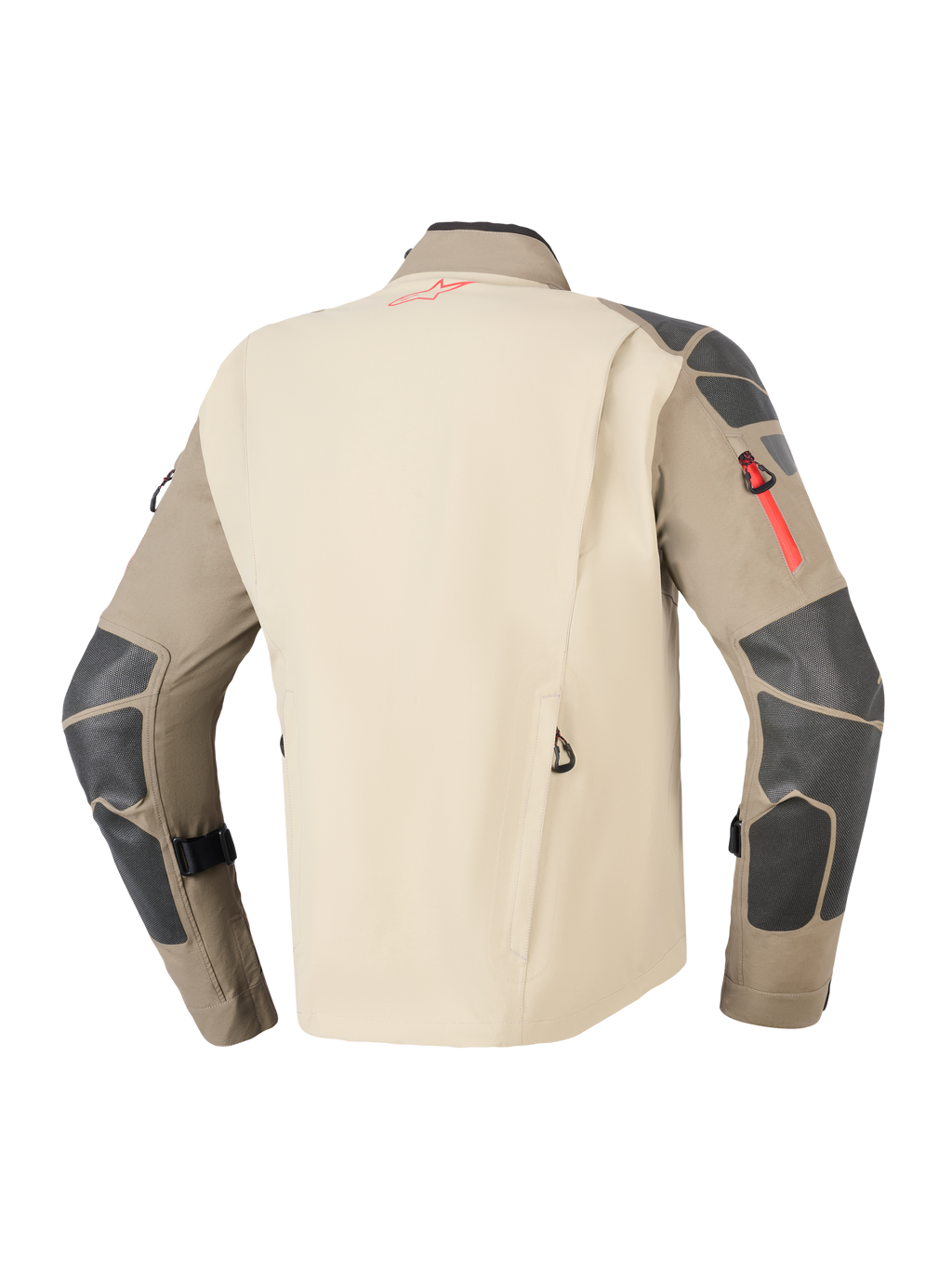 Giacca Alpinestars Nazca 3L GORE-TEX PRO, Walnut Rock Brown, vista posteriore che mostra il pannello posteriore color sabbia e le maniche marroni con rinforzi grigio scuro su spalle e gomiti, cerniera rossa e dettagli del logo, abbigliamento adventure touring resistente per moto