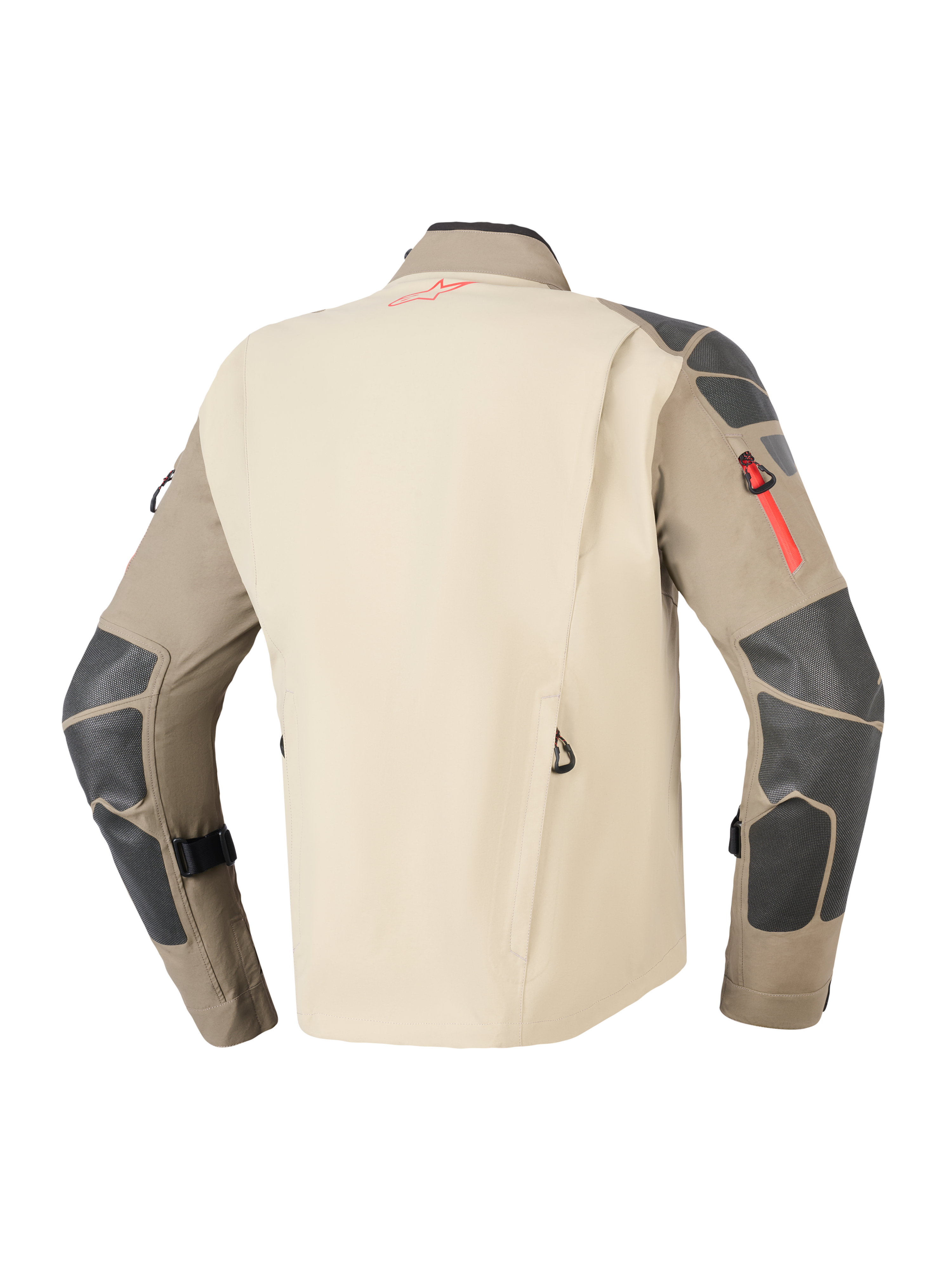 Giacca Alpinestars Nazca 3L GORE-TEX PRO, Walnut Rock Brown, vista posteriore che mostra il pannello posteriore color sabbia e le maniche marroni con rinforzi grigio scuro su spalle e gomiti, cerniera rossa e dettagli del logo, abbigliamento adventure touring resistente per moto