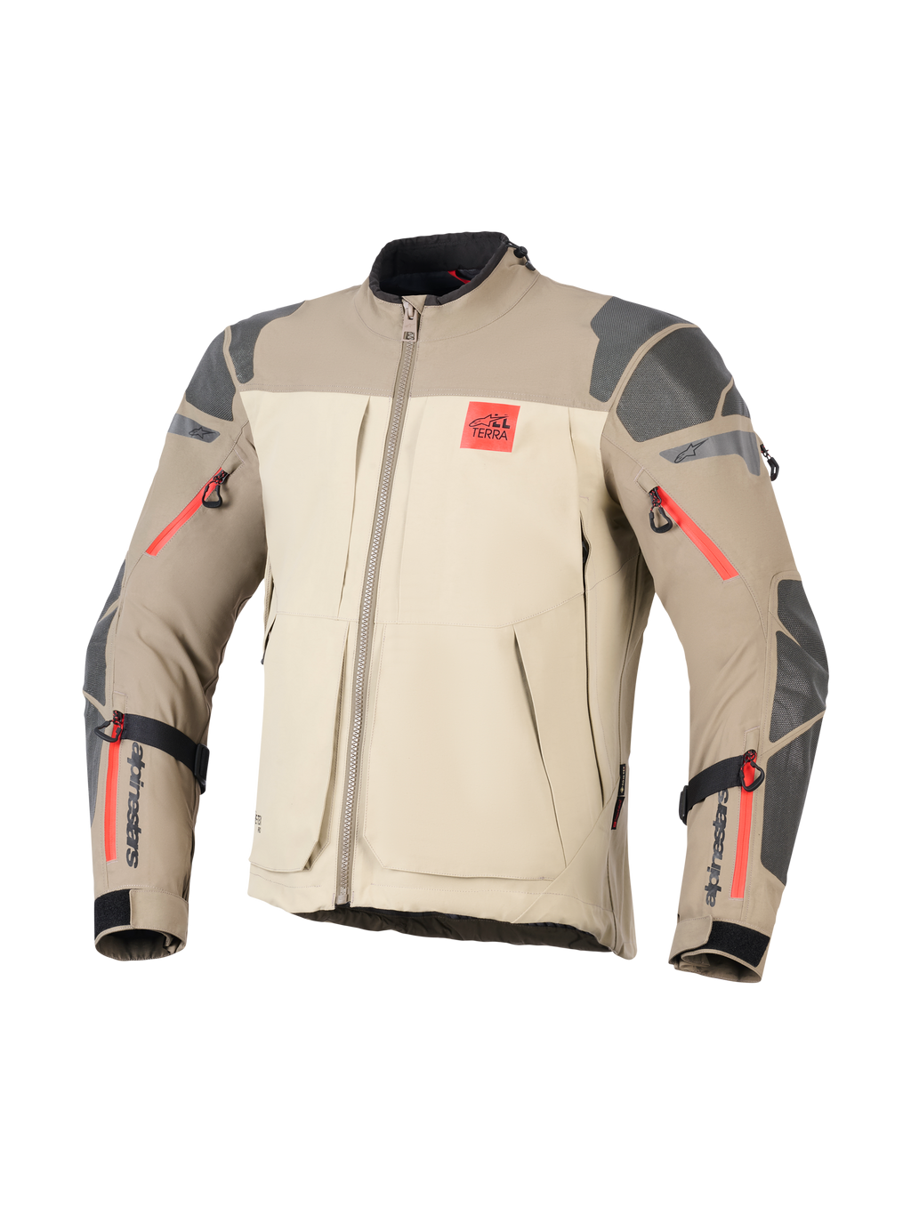 Giacca Alpinestars Nazca 3L GORE-TEX PRO, Walnut Rock Brown, giacca da moto adventure, design a blocchi di colore beige e marrone chiaro, rinforzi testurizzati grigi su spalle e gomiti, dettagli delle cerniere in rosso acceso, logo 'ALL TERRA' rosso sul petto, branding Alpinestars nero sugli avambracci, robusta costruzione in tessuto