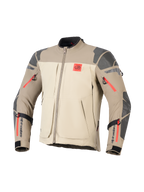 Giacca Alpinestars Nazca 3L GORE-TEX PRO, Walnut Rock Brown, giacca da moto adventure, design a blocchi di colore beige e marrone chiaro, rinforzi testurizzati grigi su spalle e gomiti, dettagli delle cerniere in rosso acceso, logo 'ALL TERRA' rosso sul petto, branding Alpinestars nero sugli avambracci, robusta costruzione in tessuto