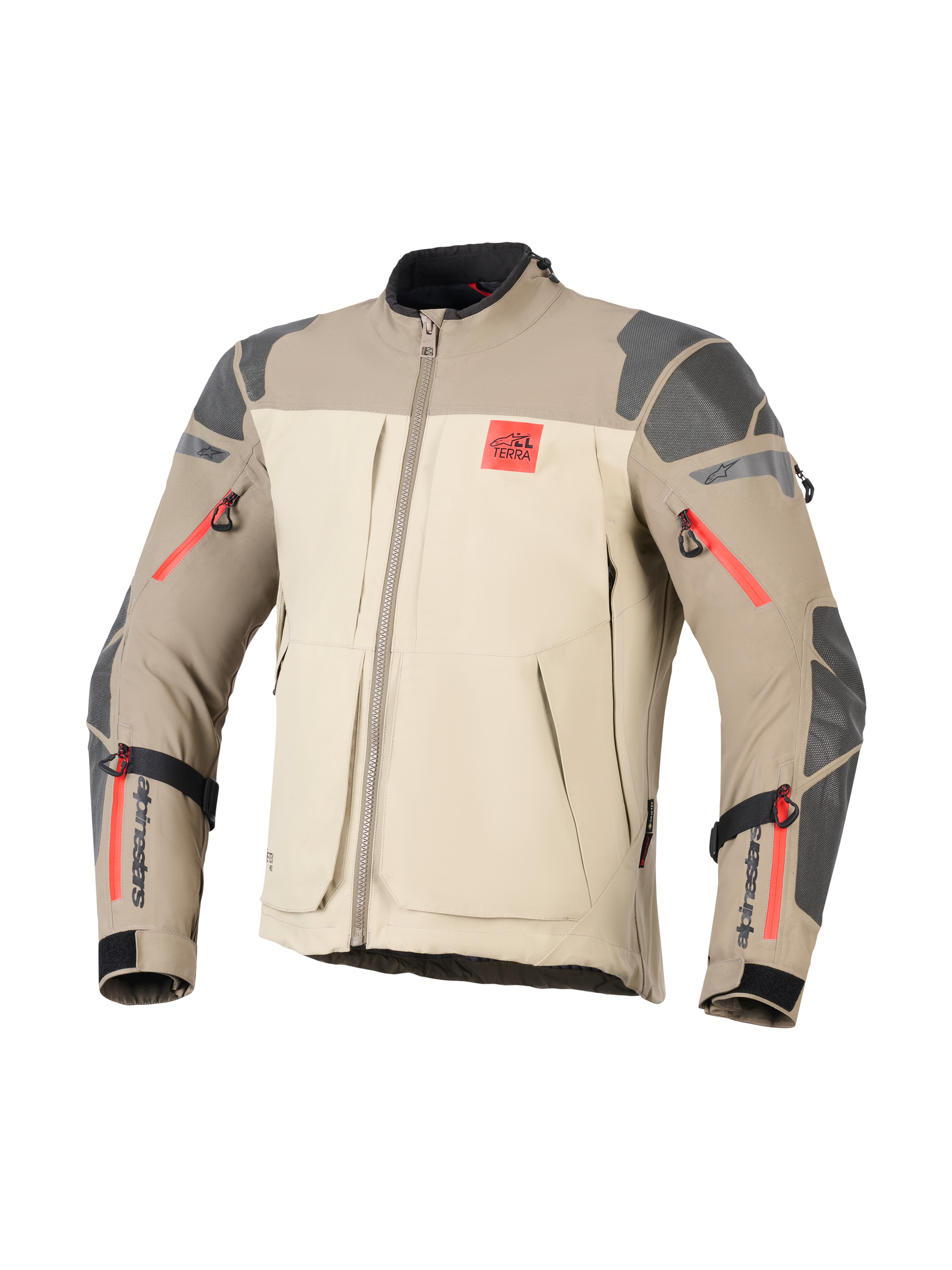 Giacca Alpinestars Nazca 3L GORE-TEX PRO, Walnut Rock Brown, giacca da moto adventure, design a blocchi di colore beige e marrone chiaro, rinforzi testurizzati grigi su spalle e gomiti, dettagli delle cerniere in rosso acceso, logo 'ALL TERRA' rosso sul petto, branding Alpinestars nero sugli avambracci, robusta costruzione in tessuto