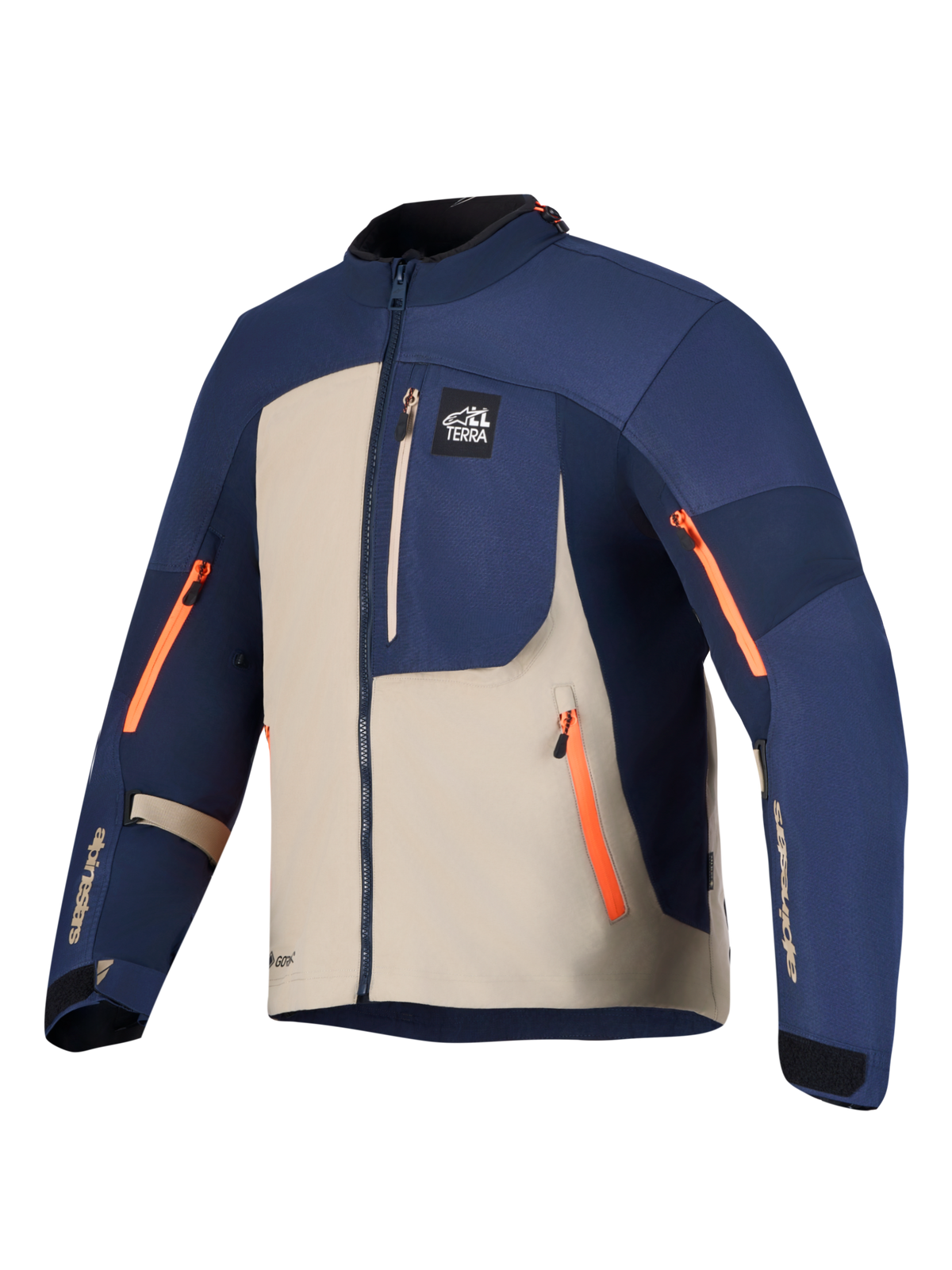 Alpinestars Arenis GORE-TEX Giacca, giacca da moto touring in blu e beige con dettagli arancioni, costruzione GORE-TEX impermeabile, certificata CE