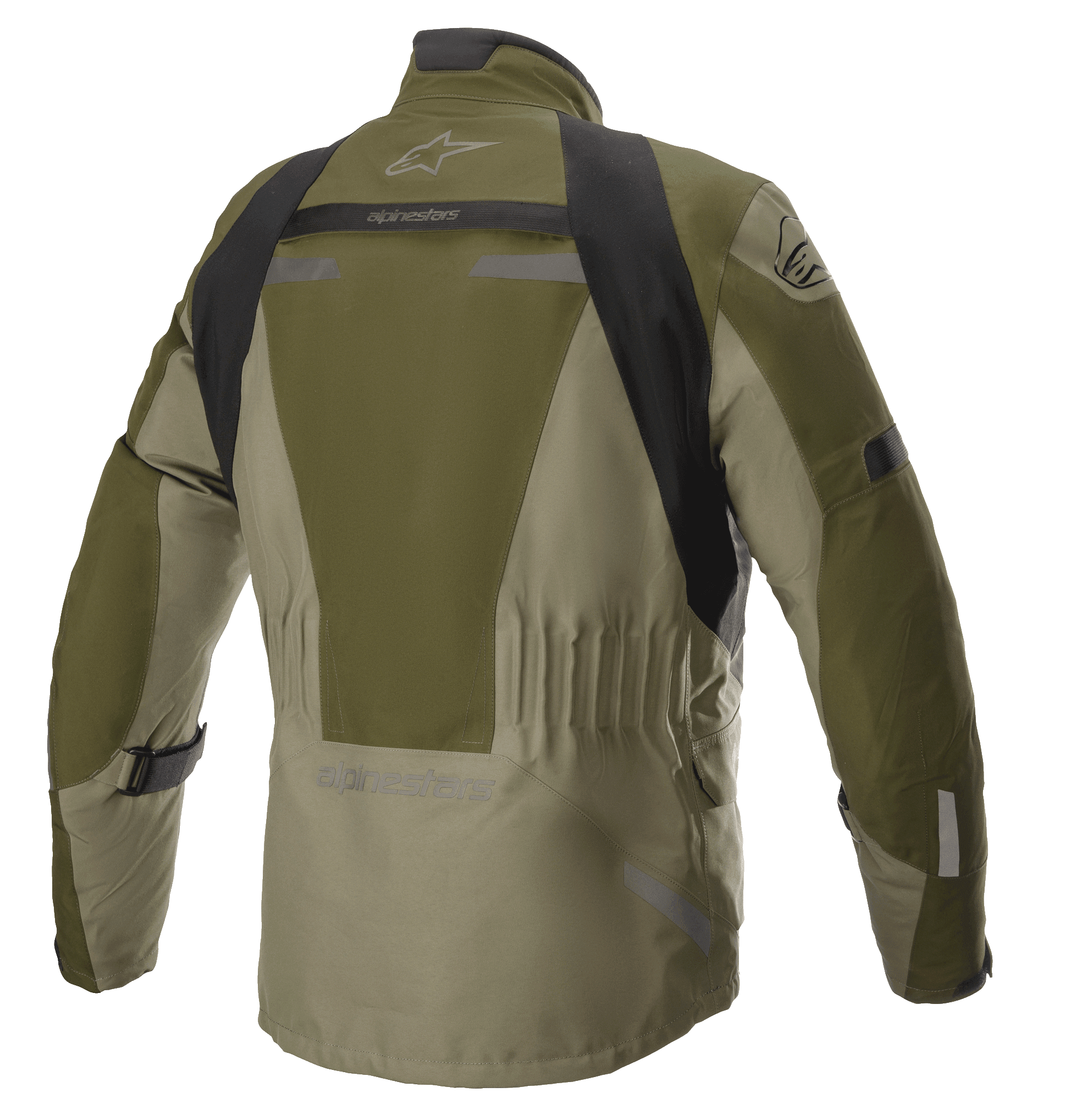 Giacca Alpinestars Altamira GORE-TEX, Forest Military Green, vista posteriore di giacca tecnica da moto touring con pannelli neri sulle spalle, vita elasticizzata e logo Alpinestars, con inserti riflettenti e robusta struttura in tessuto.