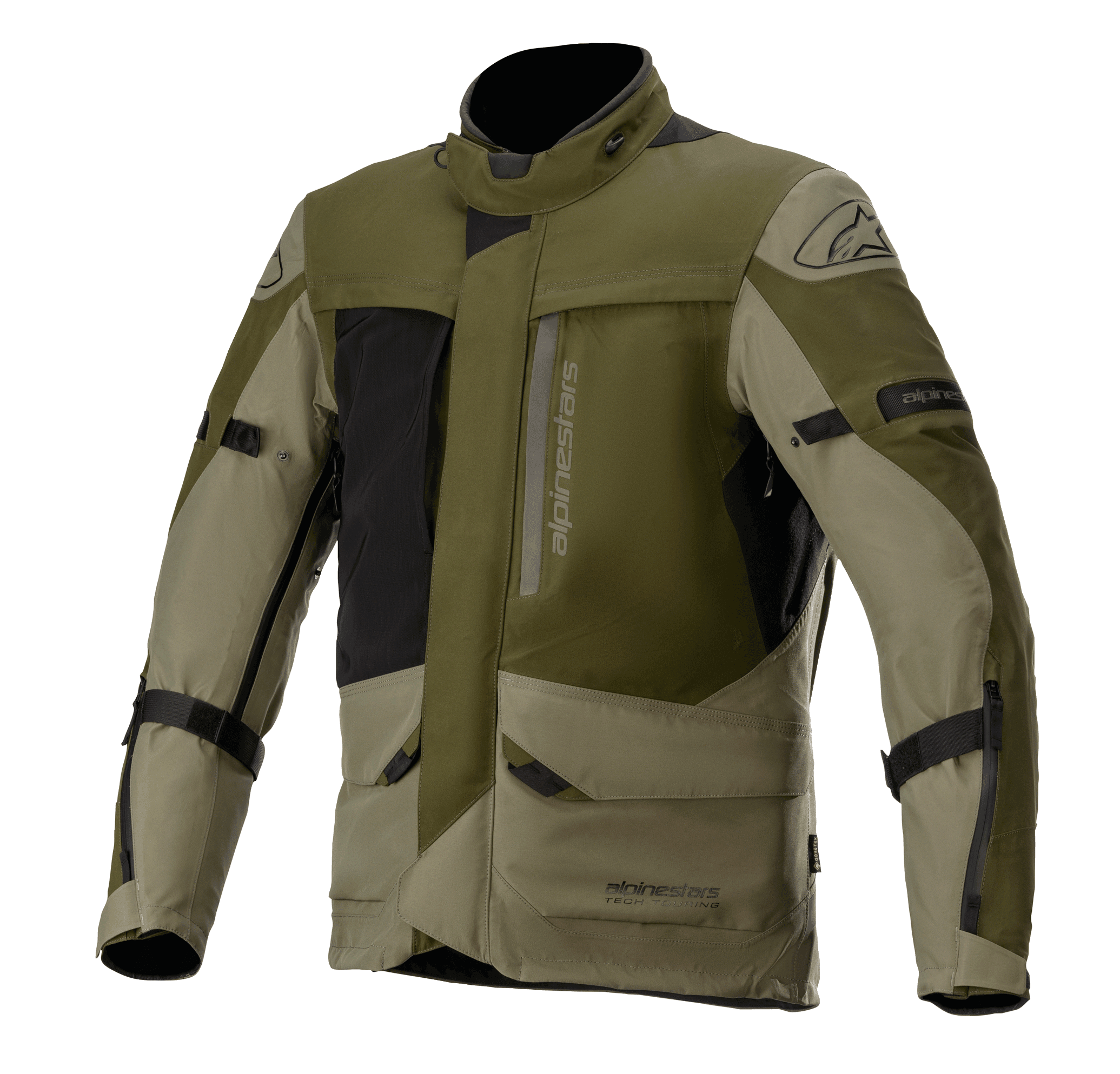 Giacca Alpinestars Altamira GORE-TEX, giacca da moto touring, verde militare Forest e oliva con accenti neri, tasche frontali multiuso multiple e cerniere, cinghie di regolazione sulle braccia, colletto alto, costruzione tecnica impermeabile per adventure riding