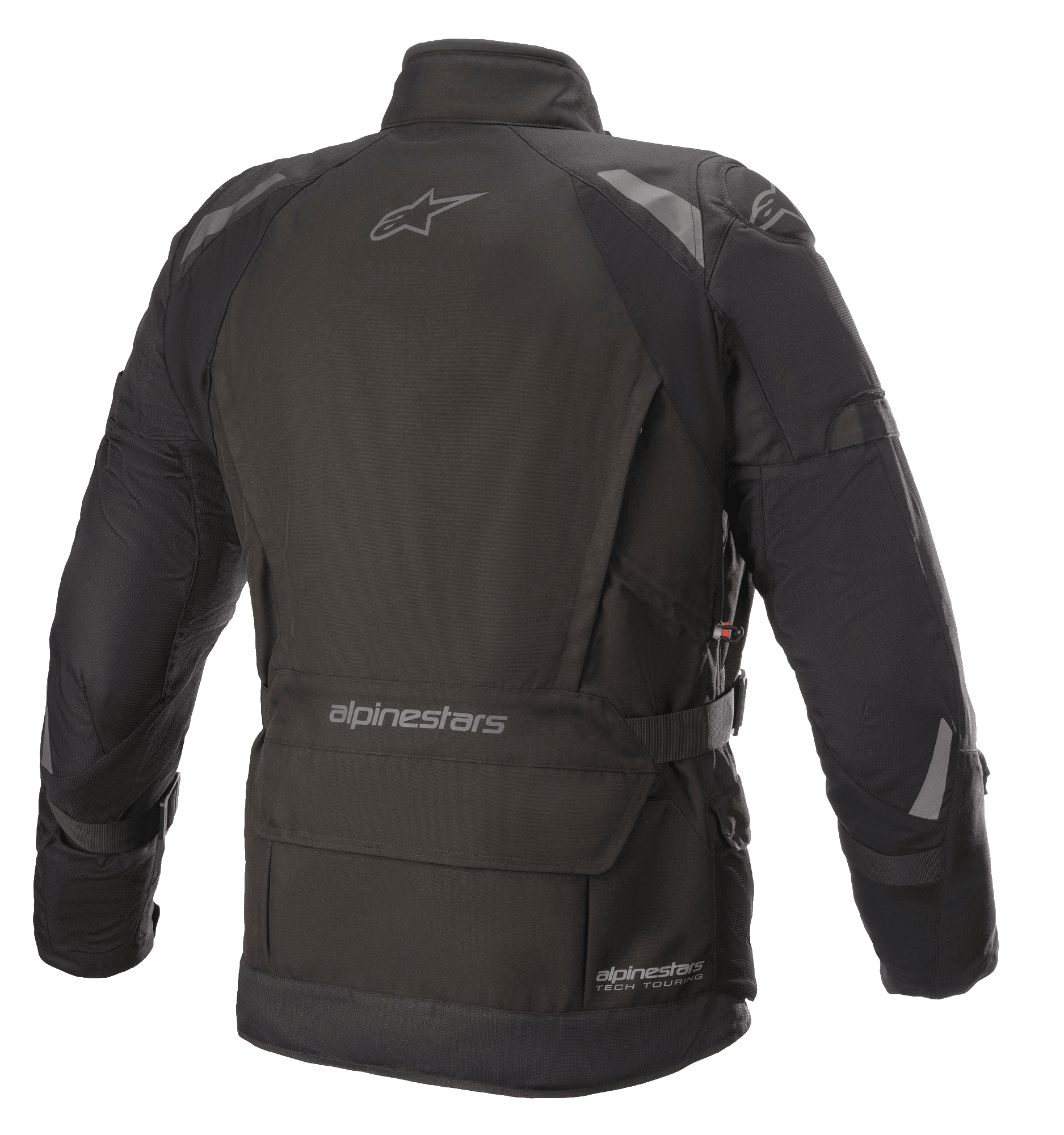 Giacca Alpinestars Ketchum GORE-TEX, giacca da moto, nero, vista posteriore con taglio touring allungato, dettagli riflettenti sulle spalle e sulle braccia, con marchio Alpinestars sulla parte superiore della schiena e sulla zona inferiore della vita.