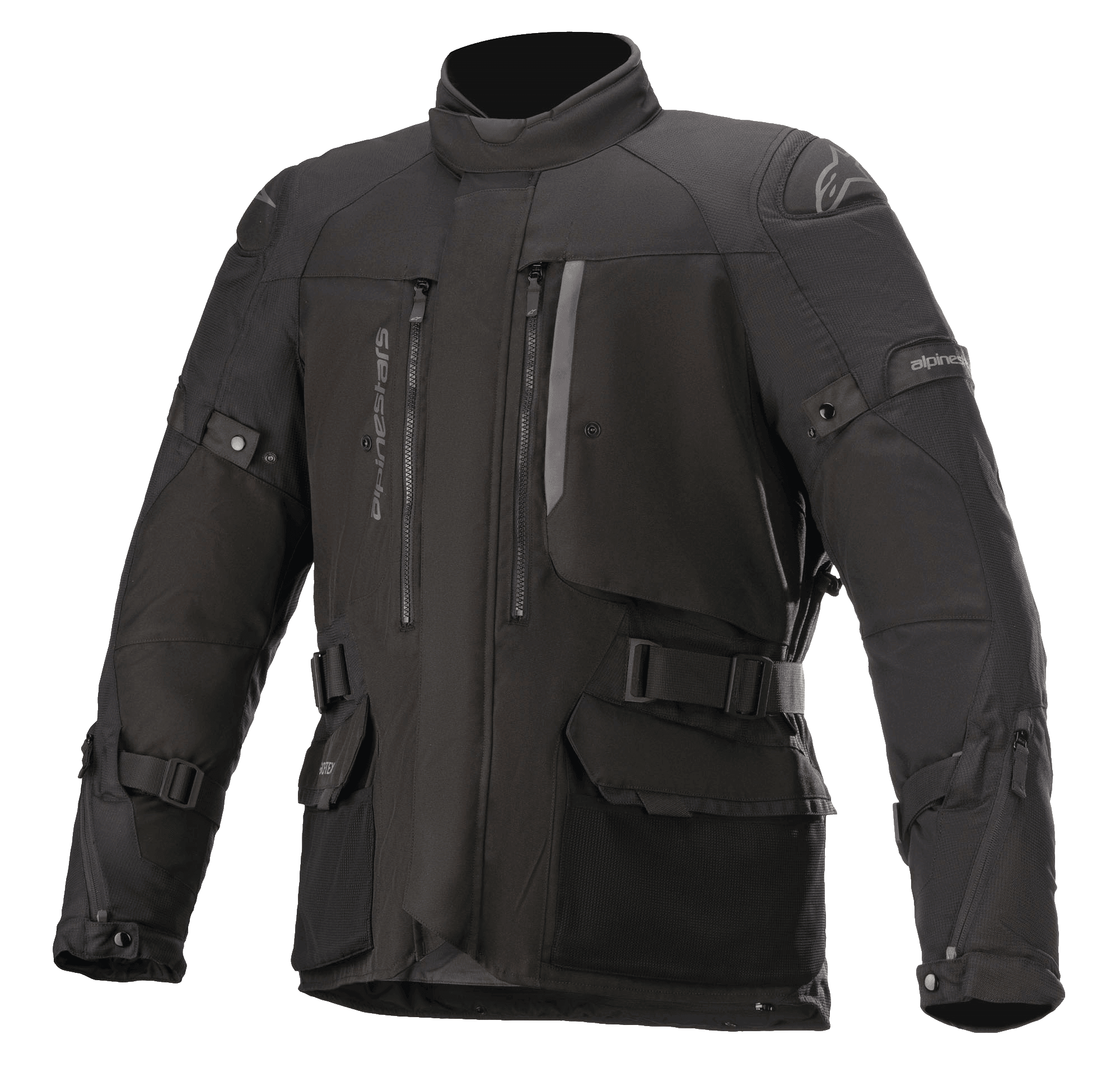 Alpinestars Ketchum GORE-TEX Jacket, giacca da moto touring nera, con colletto alto, numerose prese d'aria con zip e ampie tasche cargo, cinturini regolabili su maniche e vita, pannelli rinforzati sulle spalle e robusta struttura in tessuto per la guida adventure