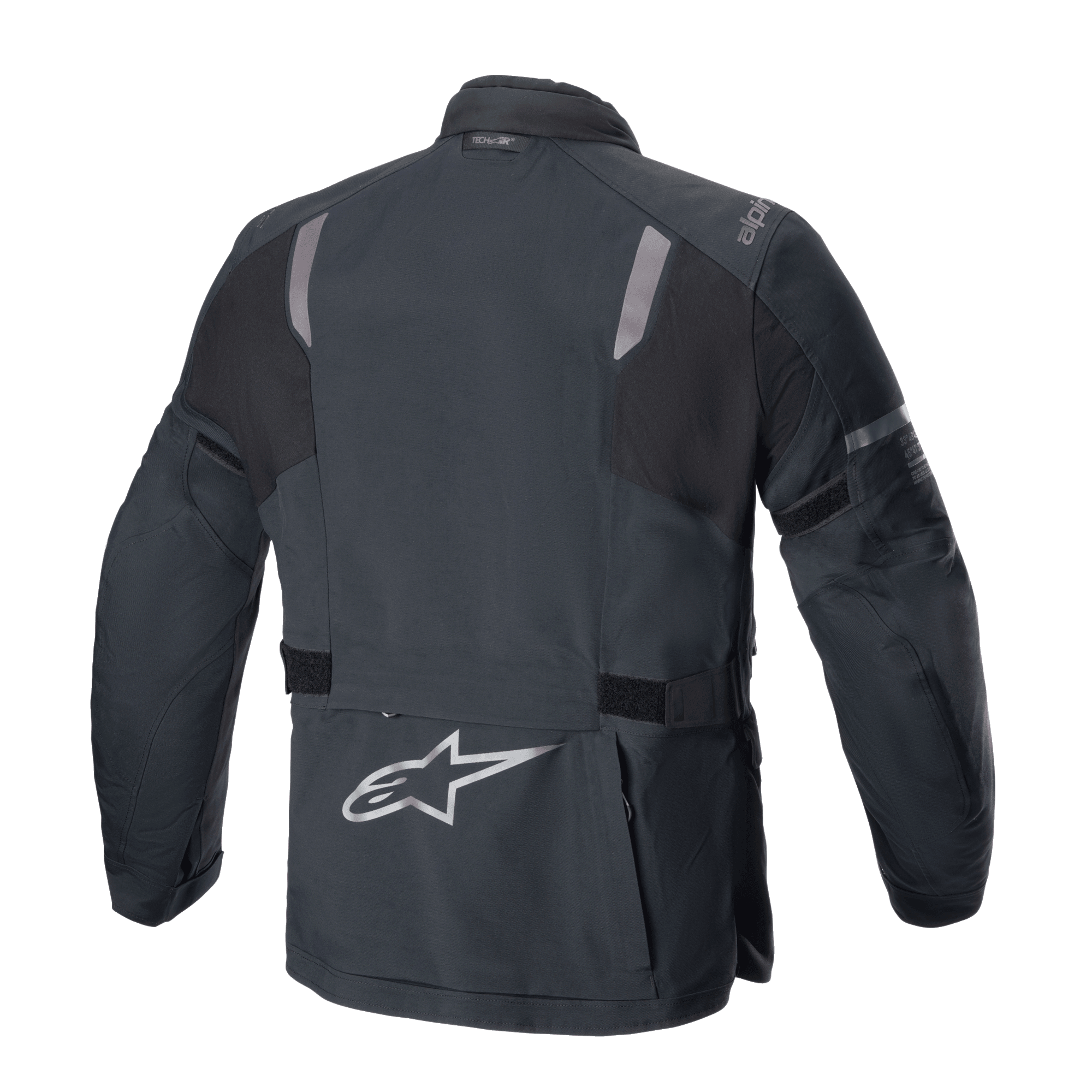 Giacca Alpinestars ST-7 2L GORE-TEX, vista posteriore, nero e grigio scuro, con pannelli riflettenti sulle spalle, logo Alpinestars a stella argento sulla parte bassa della schiena e cinghie regolabili in vita, abbigliamento moto adventure touring