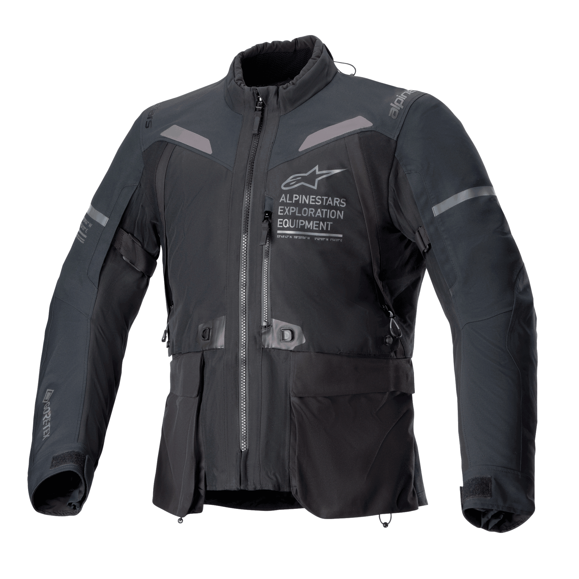 Alpinestars ST-7 2L GORE-TEX Jacket, giacca da moto nero e grigio scuro, vista frontale con ampie tasche cargo, accenti riflettenti sulle spalle e logo Alpinestars Exploration Equipment sul petto, abbigliamento impermeabile da adventure touring