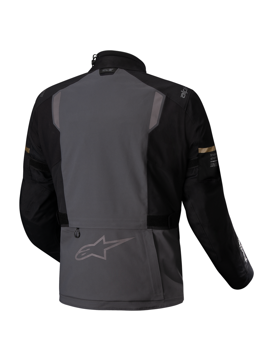 Alpinestars Giacca ST-7 2L GORE-TEX, giacca da moto touring adventure, vista posteriore in grigio scuro e nero con dettagli riflettenti e certificazione CE