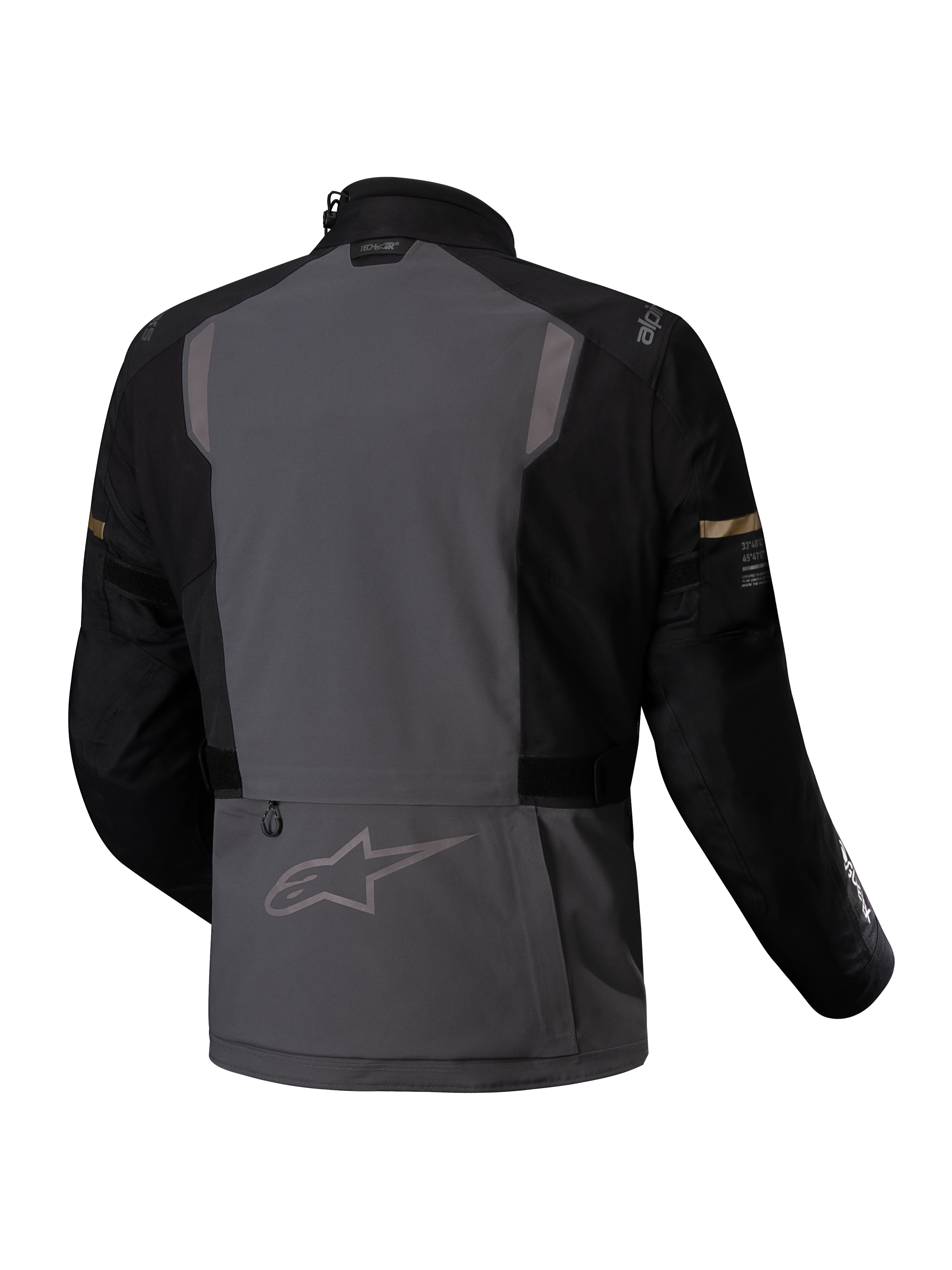 Alpinestars Giacca ST-7 2L GORE-TEX, giacca da moto touring adventure, vista posteriore in grigio scuro e nero con dettagli riflettenti e certificazione CE