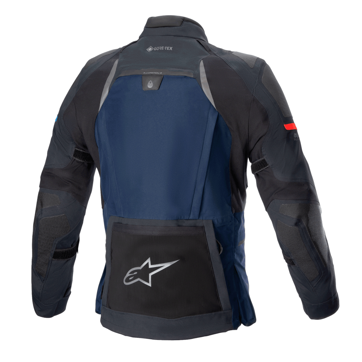 Giacca Alpinestars Boulder GORE-TEX, giacca tecnica da moto touring, blu scuro e nero, vista posteriore con grande tasca utility posteriore con logo a stella argento, scomparto idratazione e marchio GORE-TEX sul colletto.