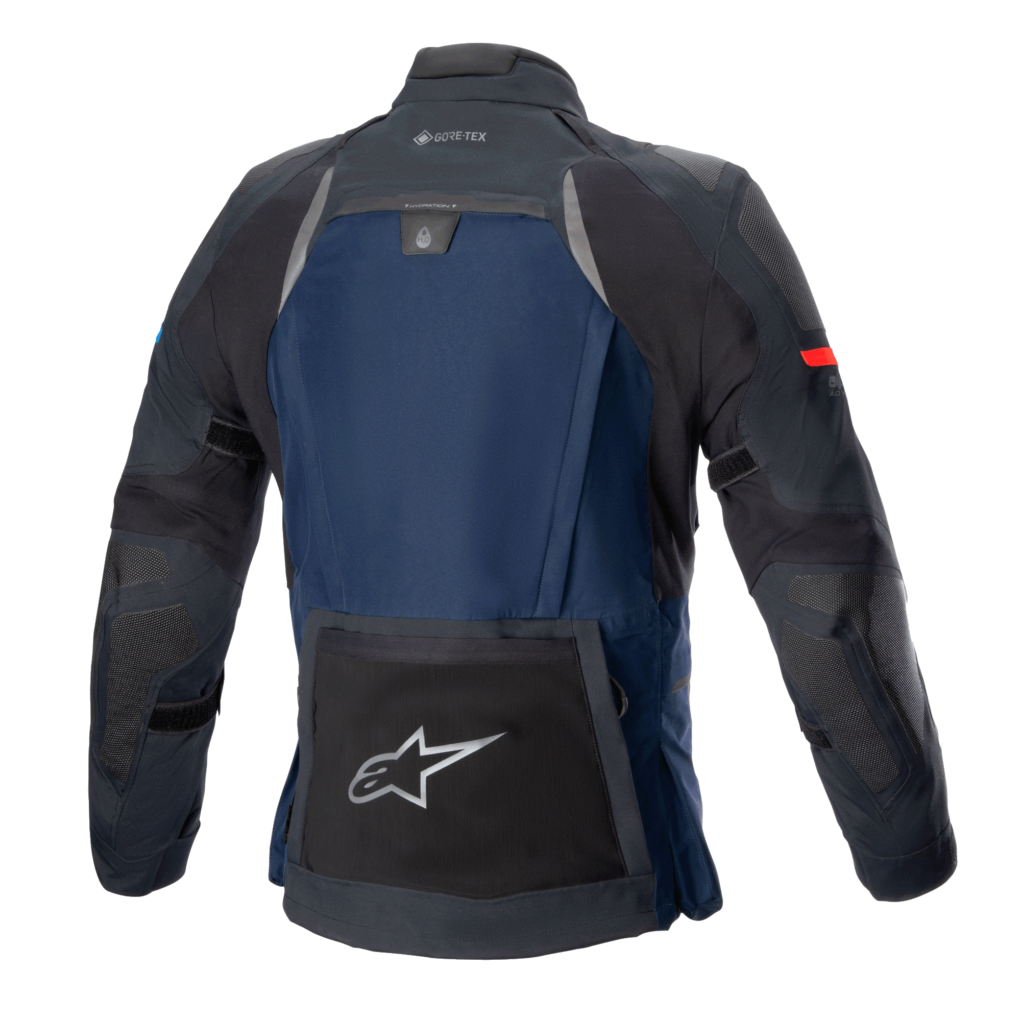 Giacca Alpinestars Boulder GORE-TEX, giacca tecnica da moto touring, blu scuro e nero, vista posteriore con grande tasca utility posteriore con logo a stella argento, scomparto idratazione e marchio GORE-TEX sul colletto.