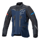 Giacca Alpinestars Boulder GORE-TEX, giacca adventure touring blu scuro e nera, costruzione in tessuto impermeabile, logo stella bianco sul petto, accenti rossi e azzurri sulle maniche, cerniere di ventilazione multiple e cinghie di regolazione, equipaggiamento tecnico resistente per la guida in ogni condizione climatica