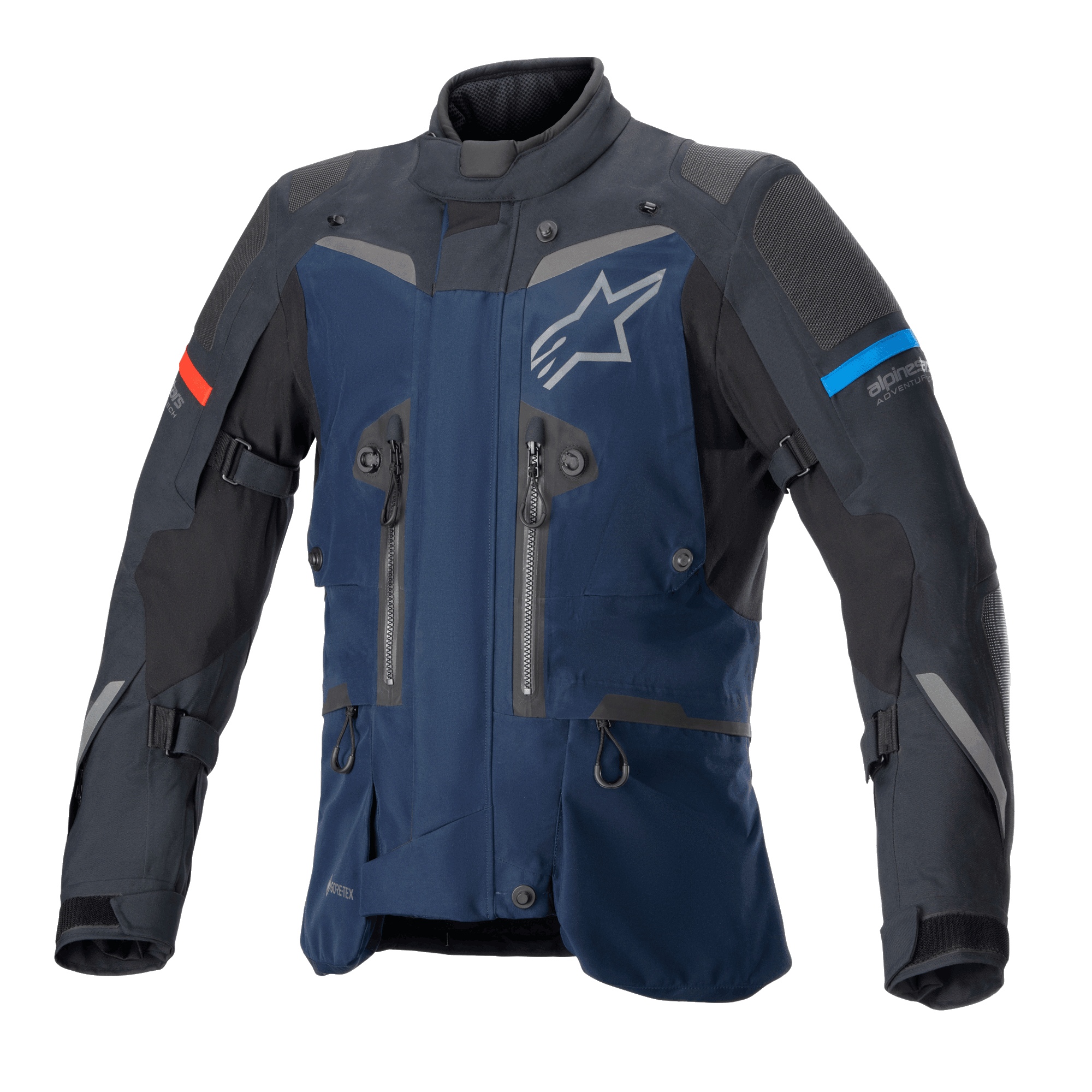 Giacca Alpinestars Boulder GORE-TEX, giacca adventure touring blu scuro e nera, costruzione in tessuto impermeabile, logo stella bianco sul petto, accenti rossi e azzurri sulle maniche, cerniere di ventilazione multiple e cinghie di regolazione, equipaggiamento tecnico resistente per la guida in ogni condizione climatica