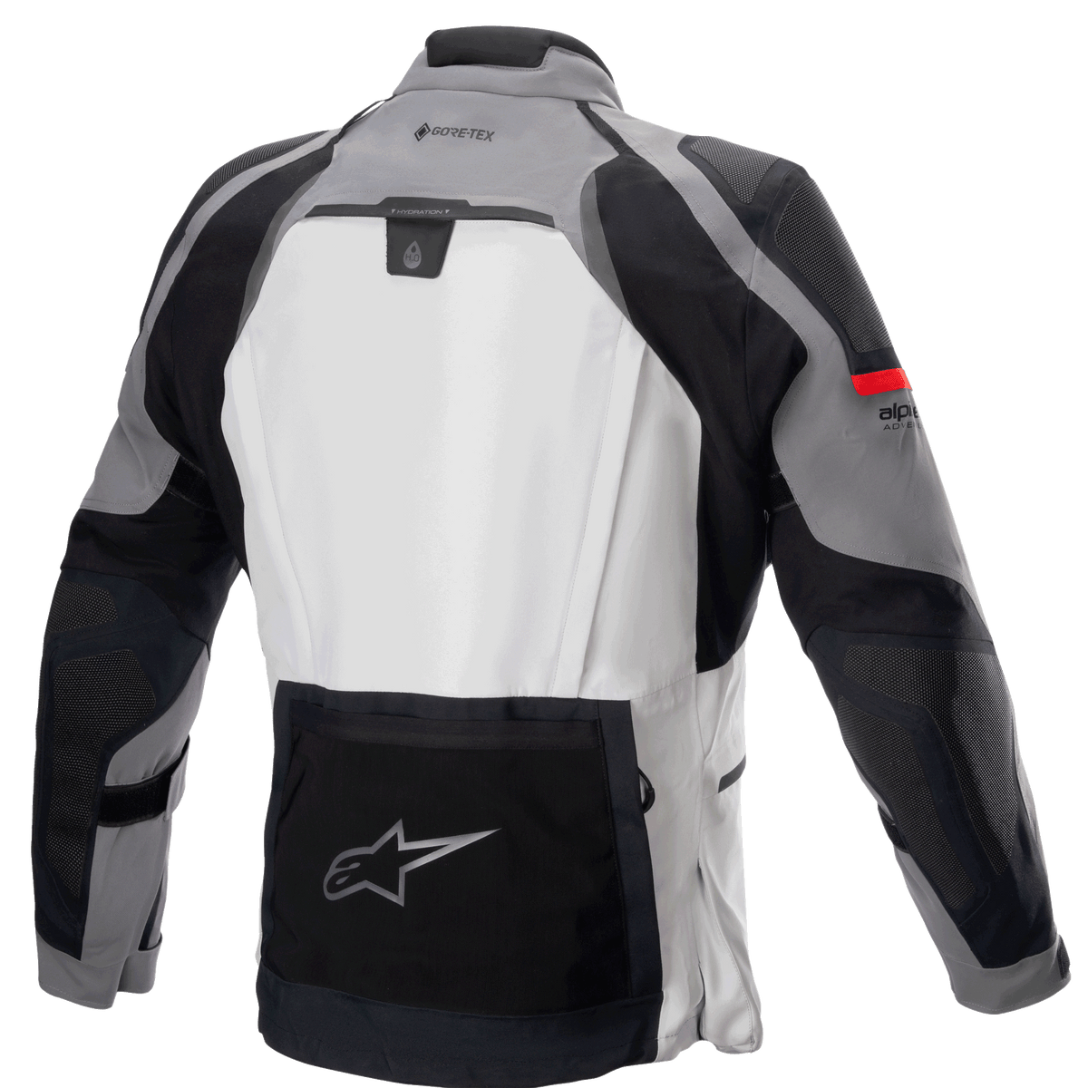 Giacca Alpinestars Boulder GORE-TEX, vista posteriore, grigio scuro e grigio ghiaccio, giacca tecnica da moto per adventure touring con ampio pannello posteriore grigio chiaro, tasca portaoggetti inferiore nera con logo a stella Alpinestars, marchio GORE-TEX sulla parte superiore della schiena e robusta struttura multi-tessuto.