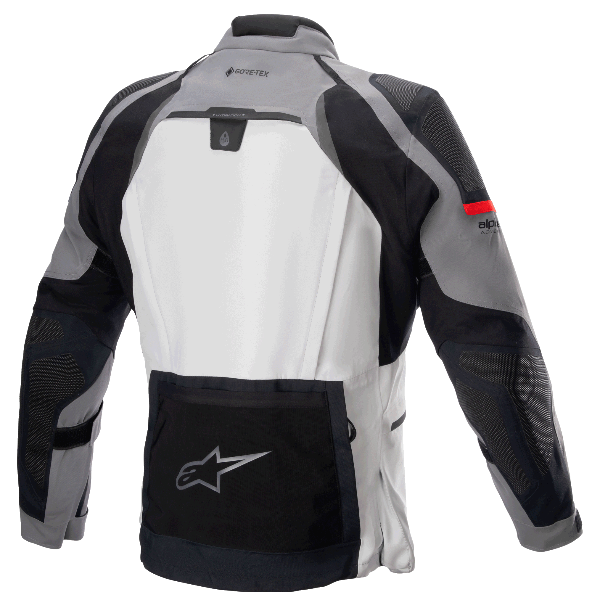 Giacca Alpinestars Boulder GORE-TEX, vista posteriore, grigio scuro e grigio ghiaccio, giacca tecnica da moto per adventure touring con ampio pannello posteriore grigio chiaro, tasca portaoggetti inferiore nera con logo a stella Alpinestars, marchio GORE-TEX sulla parte superiore della schiena e robusta struttura multi-tessuto.