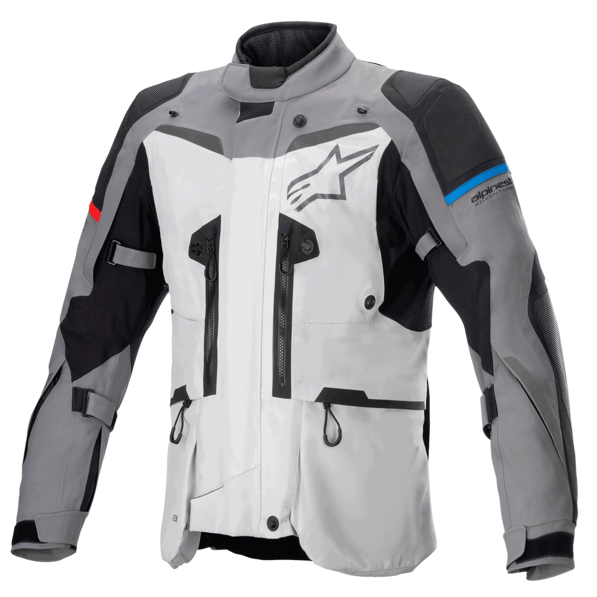 Alpinestars Boulder GORE-TEX Jacket, giacca da moto adventure touring, grigio scuro e grigio ghiaccio, con molteplici cerniere di ventilazione, pannelli rinforzati su spalle e gomiti con accenti blu e rossi, grande logo Alpinestars sul petto, abbigliamento tecnico impermeabile ad alte prestazioni