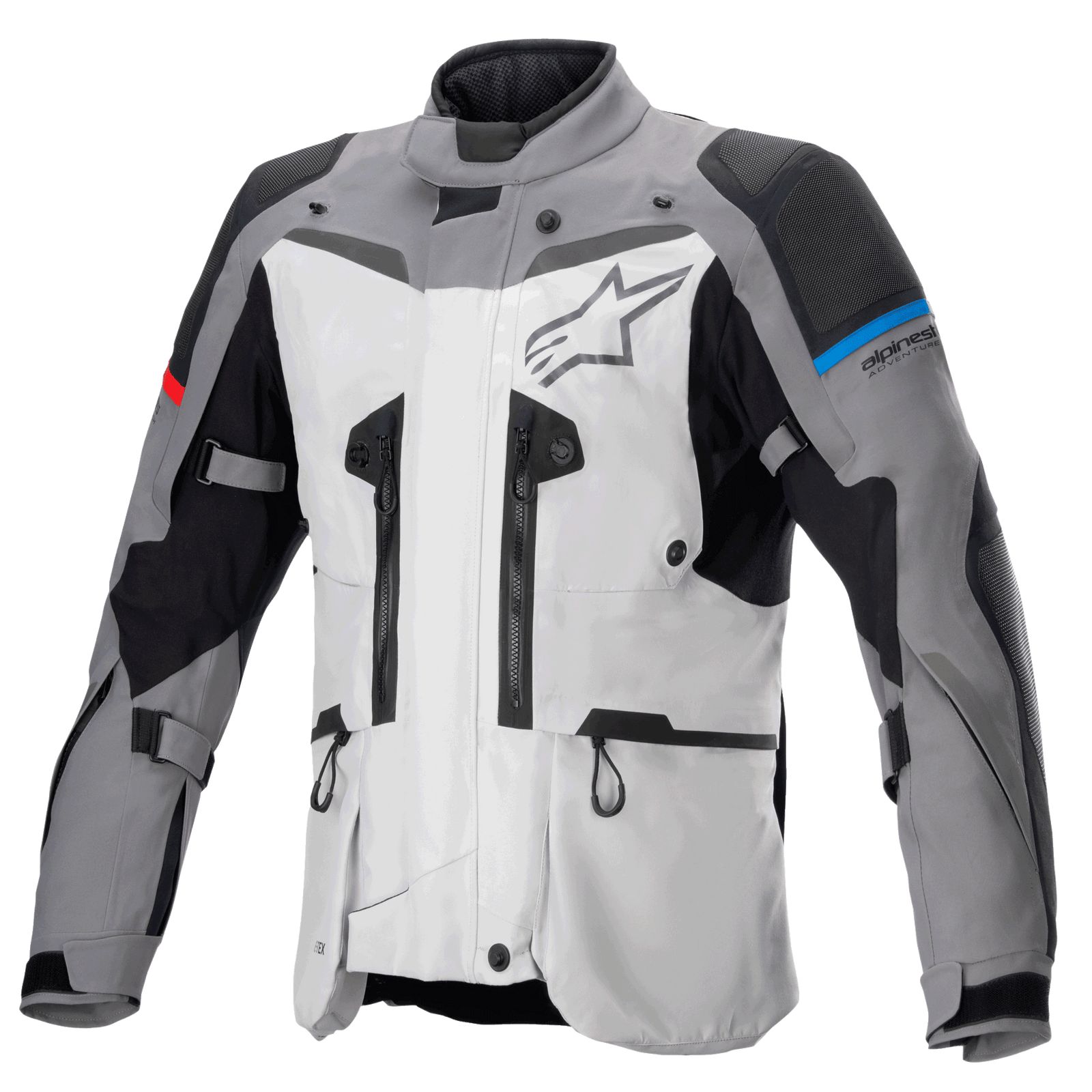 Alpinestars Boulder GORE-TEX Jacket, giacca da moto adventure touring, grigio scuro e grigio ghiaccio, con molteplici cerniere di ventilazione, pannelli rinforzati su spalle e gomiti con accenti blu e rossi, grande logo Alpinestars sul petto, abbigliamento tecnico impermeabile ad alte prestazioni