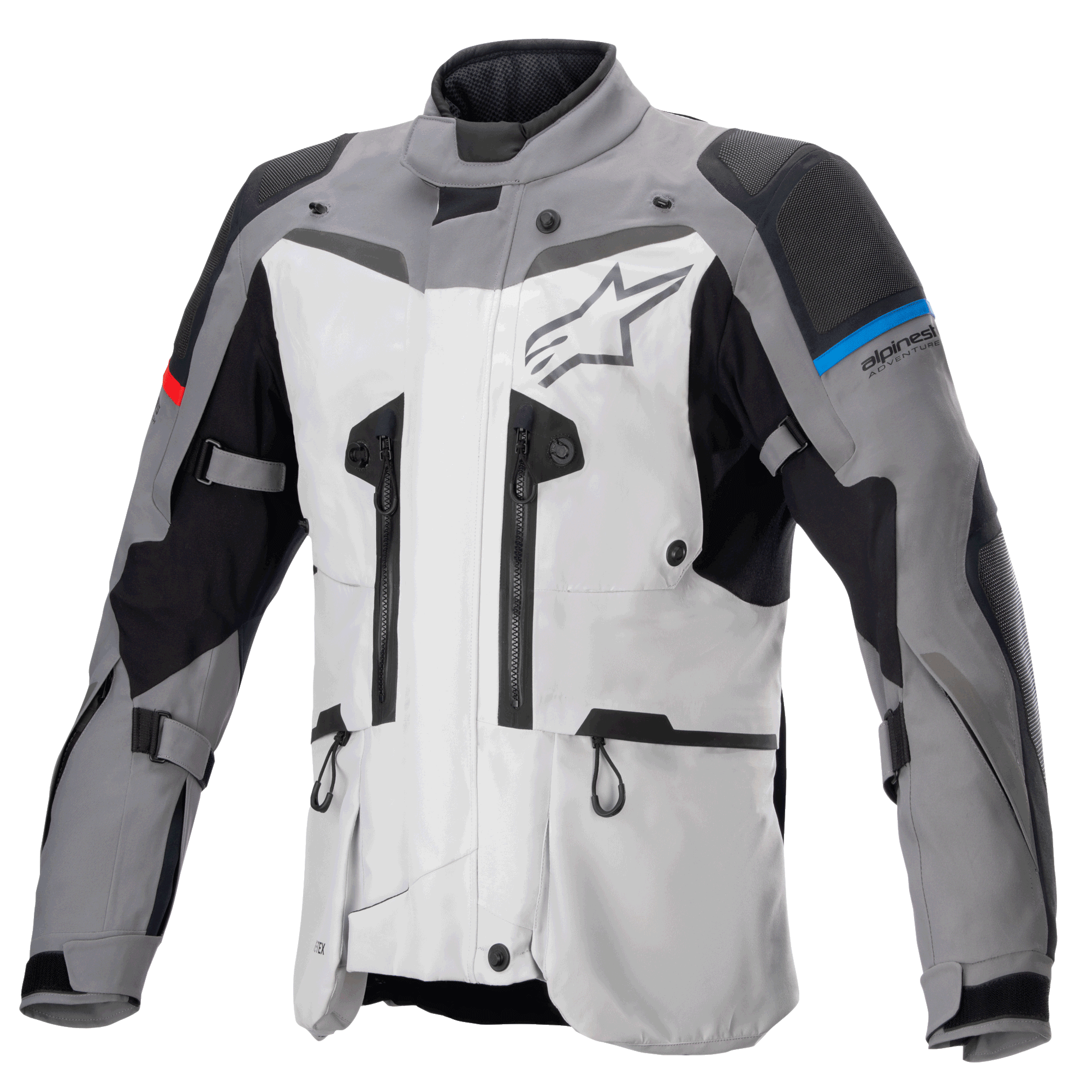 Alpinestars Boulder GORE-TEX Jacket, giacca da moto adventure touring, grigio scuro e grigio ghiaccio, con molteplici cerniere di ventilazione, pannelli rinforzati su spalle e gomiti con accenti blu e rossi, grande logo Alpinestars sul petto, abbigliamento tecnico impermeabile ad alte prestazioni