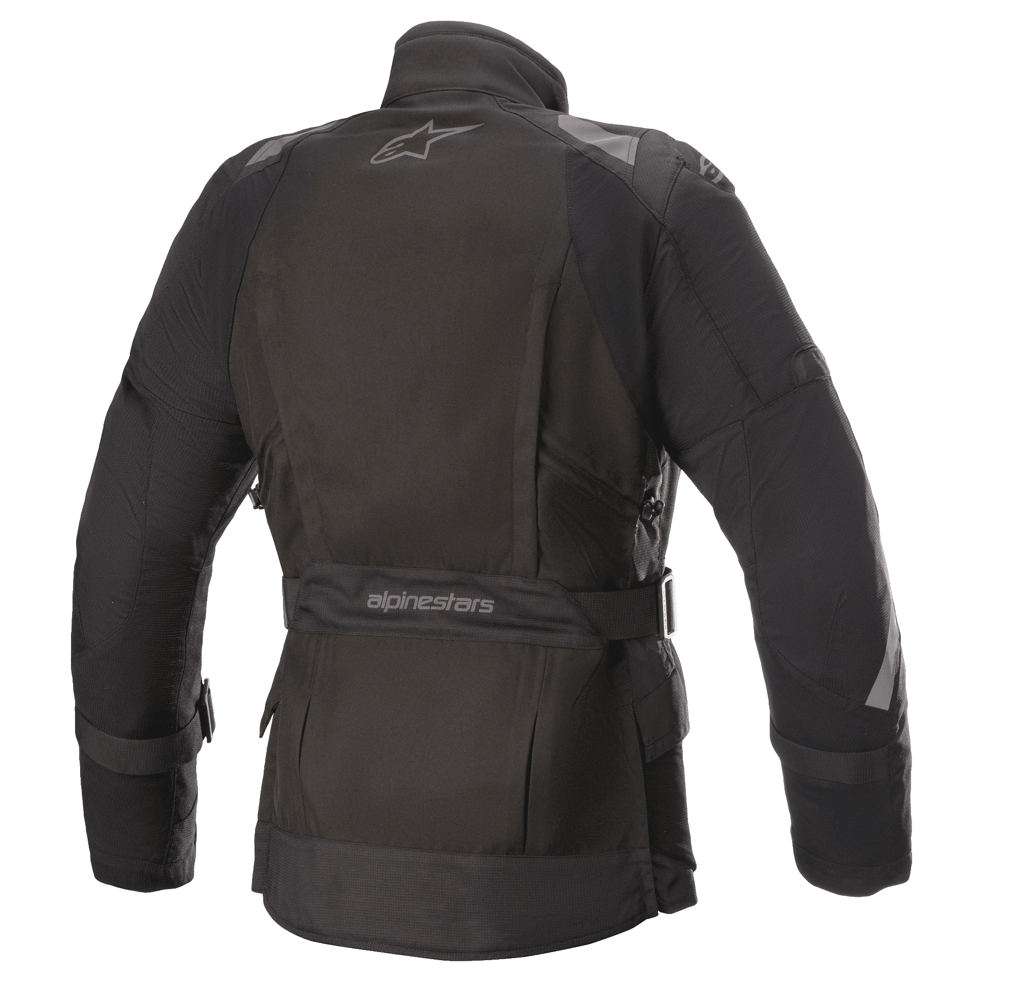 Giacca Alpinestars Stella Ketchum GORE-TEX da donna, giacca da moto in tessuto, nero, vista posteriore con logo Alpinestars, cinghia regolabile in vita con marchio e pannelli riflettenti su spalle e maniche per la visibilità del pilota.