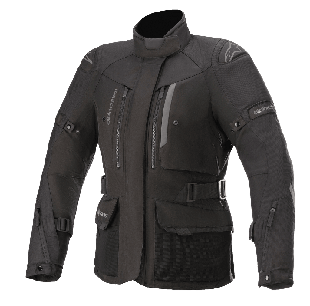 Alpinestars Giacca Stella Ketchum GORE-TEX da donna, giacca da moto touring nera, costruzione in tessuto impermeabile e traspirante, collo alto con prese d'aria sul petto con zip, cinghie regolabili in vita e sulle braccia, tessuto resistente con protezione rinforzata sulle spalle