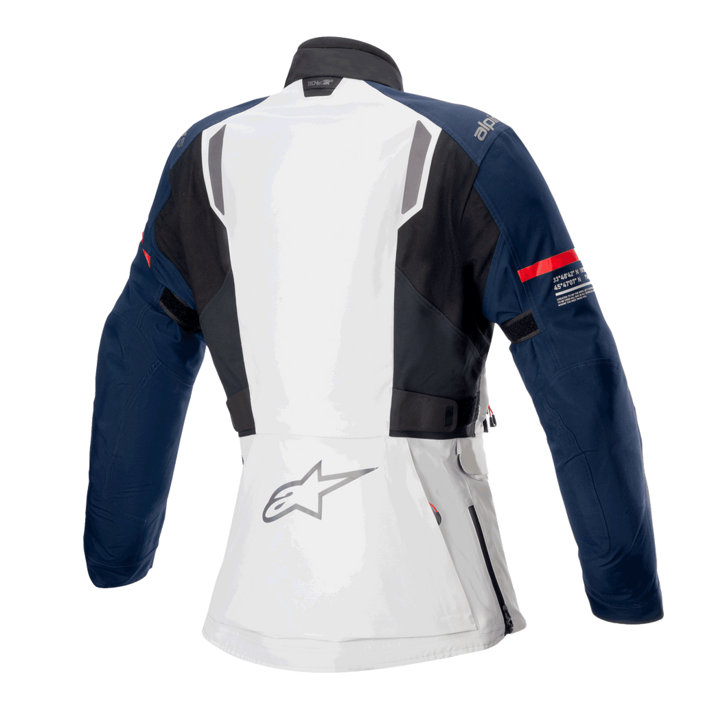 Giacca donna Alpinestars Stella ST-7 2L GORE-TEX, vista posteriore, grigio ghiaccio, blu scuro e nero, con striscia rossa sulla manica e logo Alpinestars, abbigliamento da moto adventure touring