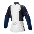 Giacca donna Alpinestars Stella ST-7 2L GORE-TEX, vista posteriore, grigio ghiaccio, blu scuro e nero, con striscia rossa sulla manica e logo Alpinestars, abbigliamento da moto adventure touring