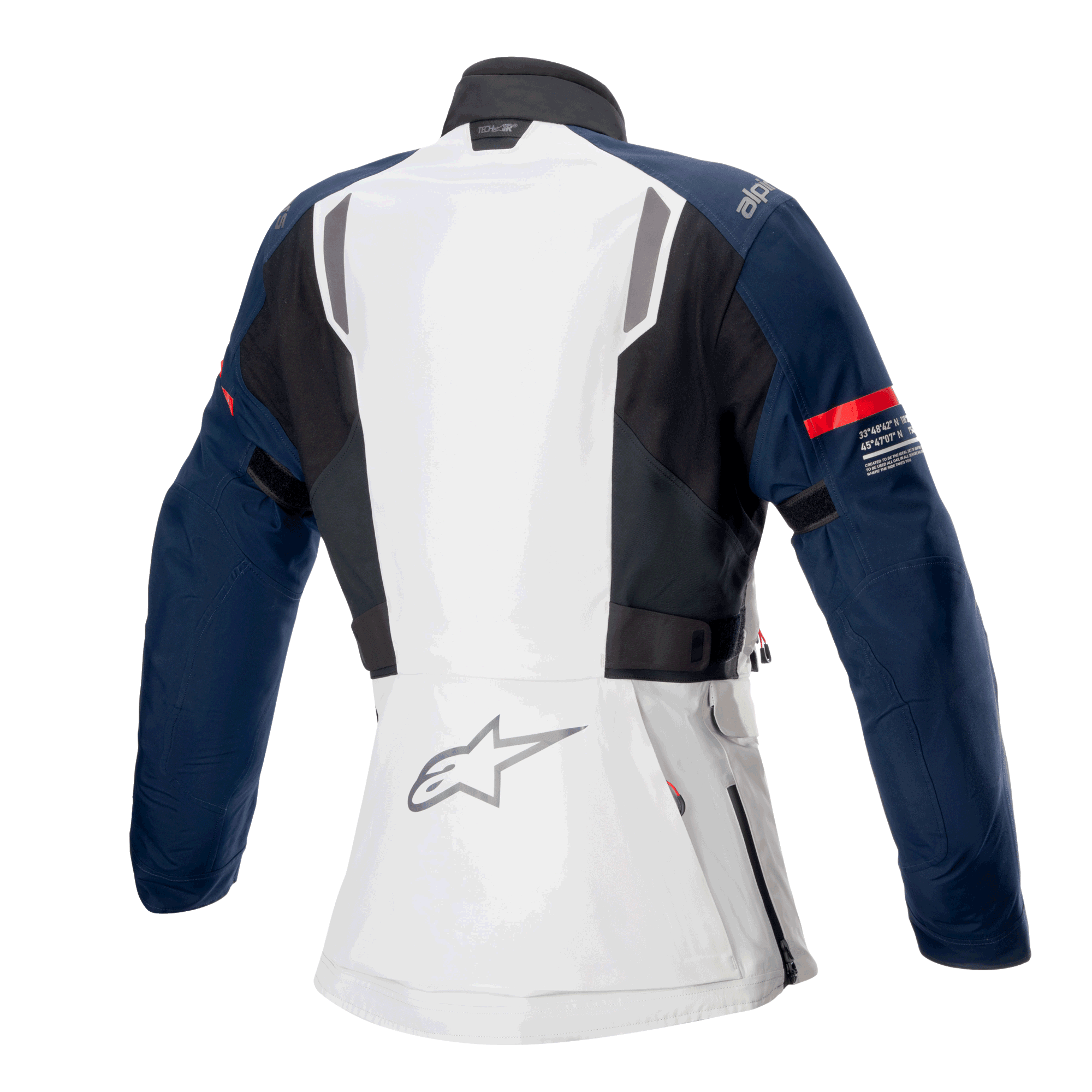 Giacca donna Alpinestars Stella ST-7 2L GORE-TEX, vista posteriore, grigio ghiaccio, blu scuro e nero, con striscia rossa sulla manica e logo Alpinestars, abbigliamento da moto adventure touring