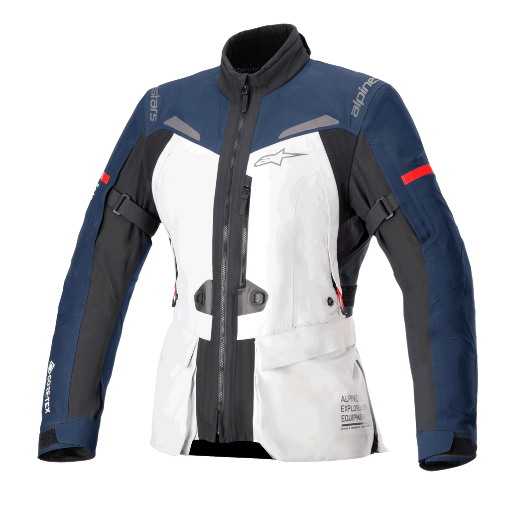 Alpinestars Giacca Donna Stella ST-7 2L GORE-TEX, giacca da moto touring, grigio ghiaccio, blu scuro e nero con accenti rossi, dotata di tasche cargo frontali, cinghie regolabili sulle braccia, collo alto e costruzione impermeabile laminata per adventure touring